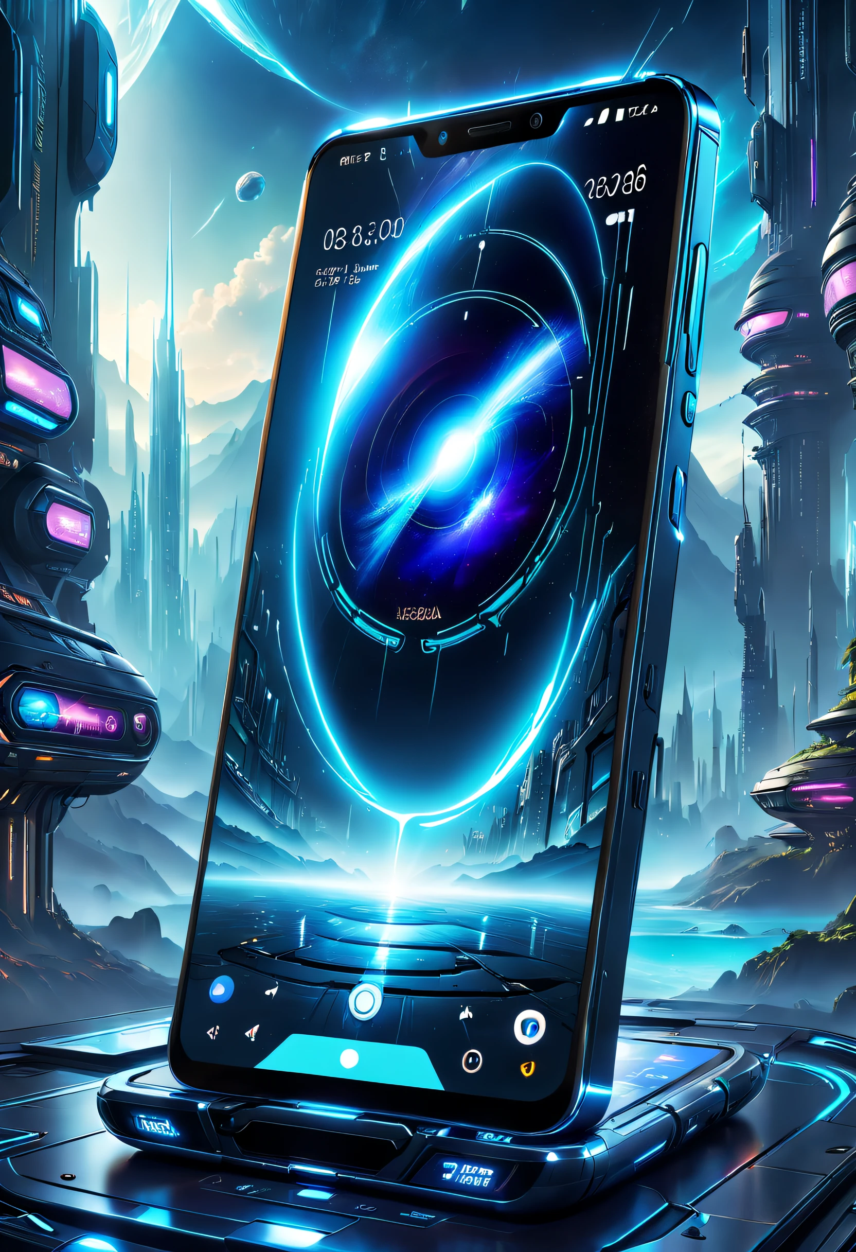 tmasterpiece,Best quality at best,high high quality,extremely detaile,8K,Futuristic ethereal close-up of a mobile phone, smartphone, A mystical environment, Technology meets fantasy, Futuristic phone,AI peripherals, smartphone, Otherworldly technology, High-tech mobile phone,Futuristic technical background,Futuristic cyberpunk,hyper realisitc,This image shows a black phone,The brand of the phone is Nokia,The screen time on the phone is 6:08,The phone screen background is blue, Technology meets fantasy, phone photo, cell phone, cellular phone, Handheld, future-tech, mobile, Surreal,shutter inventory