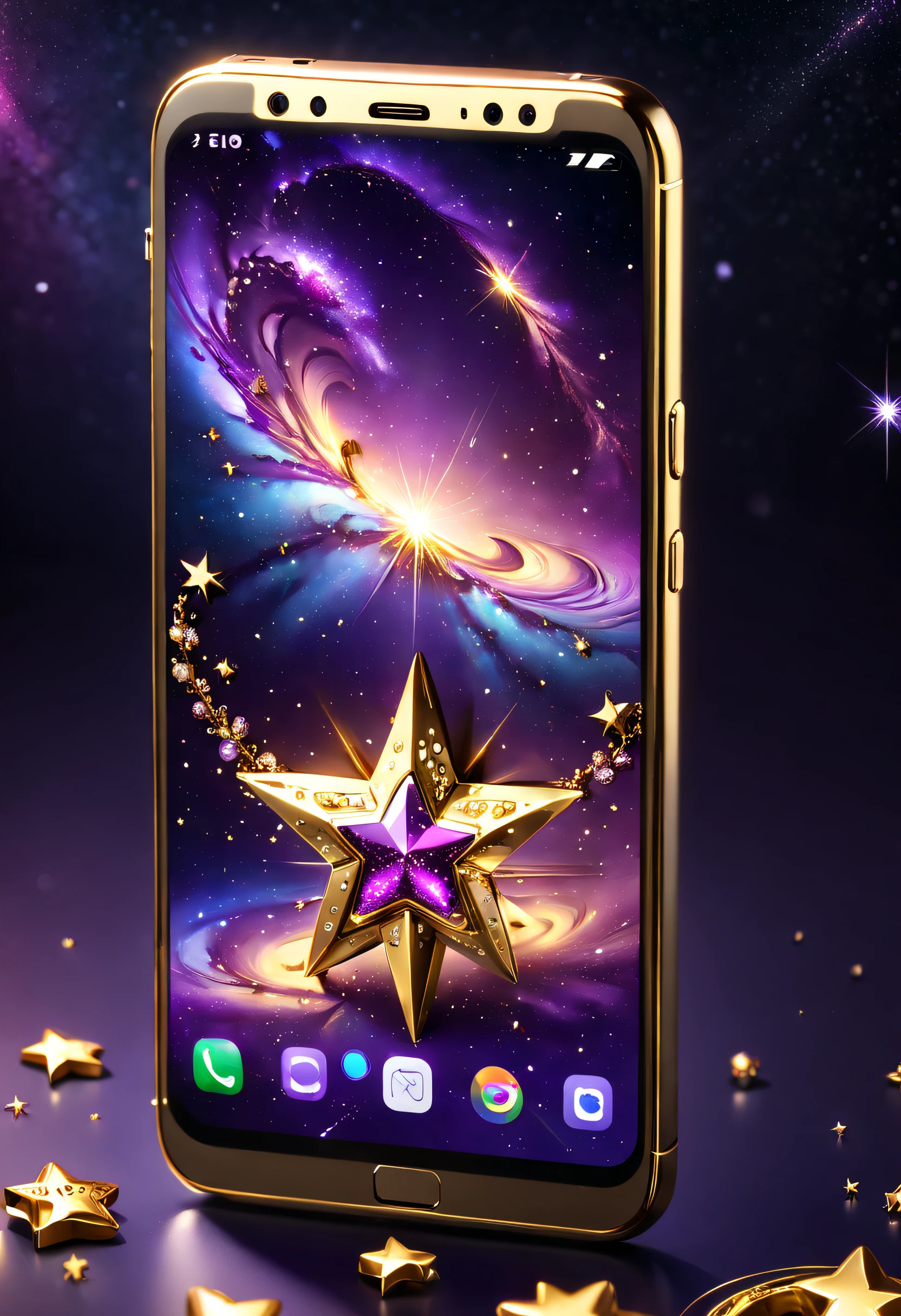 hyper HD, Super detail, Best quality, High details, 1080p, 16k, A high resolution,Phone close-up,A smartphone with a sparkling surface, Amazing smartphones, smartphone,Star-studded smartphones, purple sparkles, gold and purple, A gleaming gold smartphone, glowing purple, The background is the mysterious cosmic starry sky,smartphone photography, Jewelry and gold smartphones,(The best illustrations),(The best shadow),Isometric 3D.Octane rendering,Hyperrealistic
