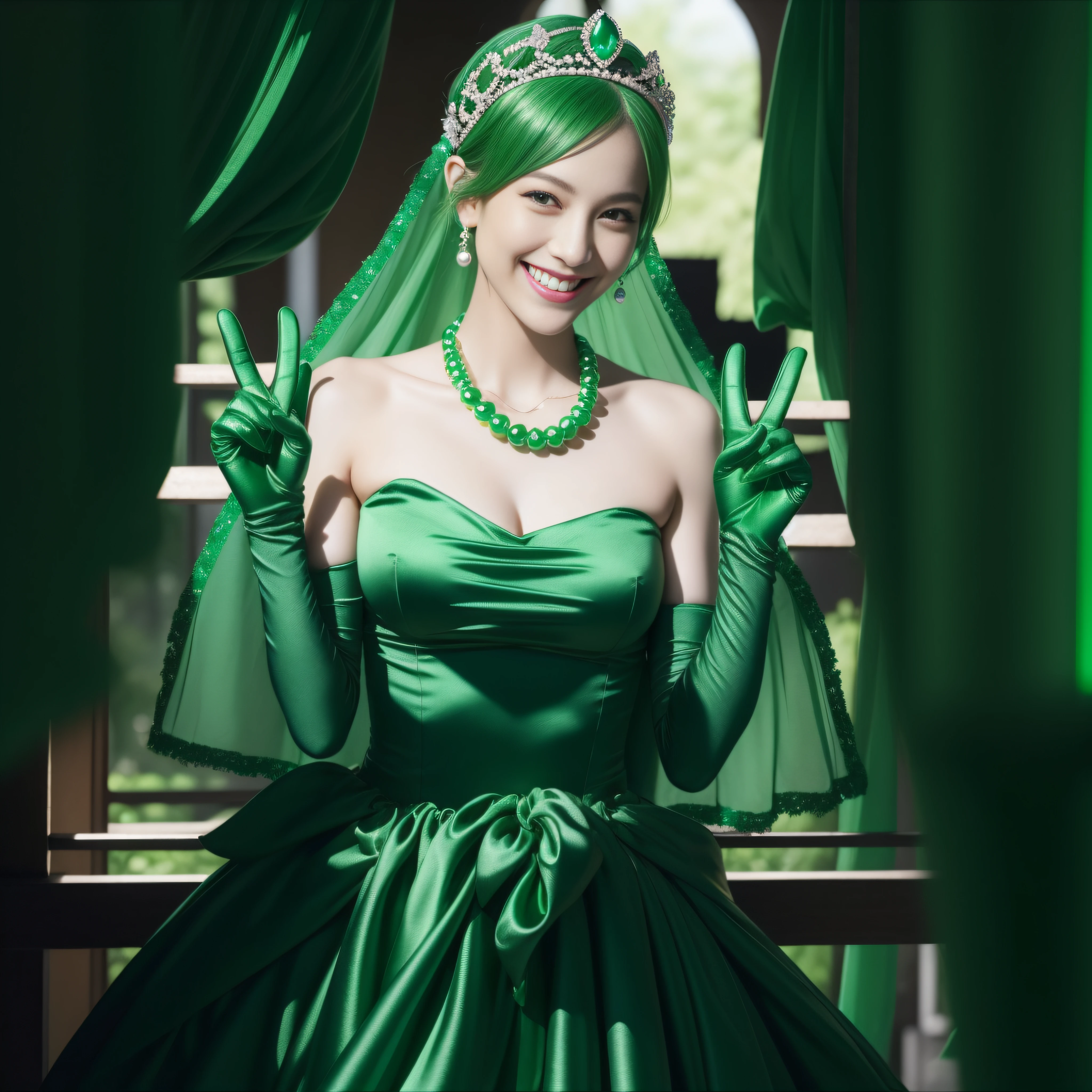 emerald tiara, Green Pearl Necklace, Boyish very short green hair, lipsticks, Japan woman smiling, very short short hair, big breasts beautiful, Green eyes, Long green gloves made of satin material, Green eyes,v sign, Emerald earrings