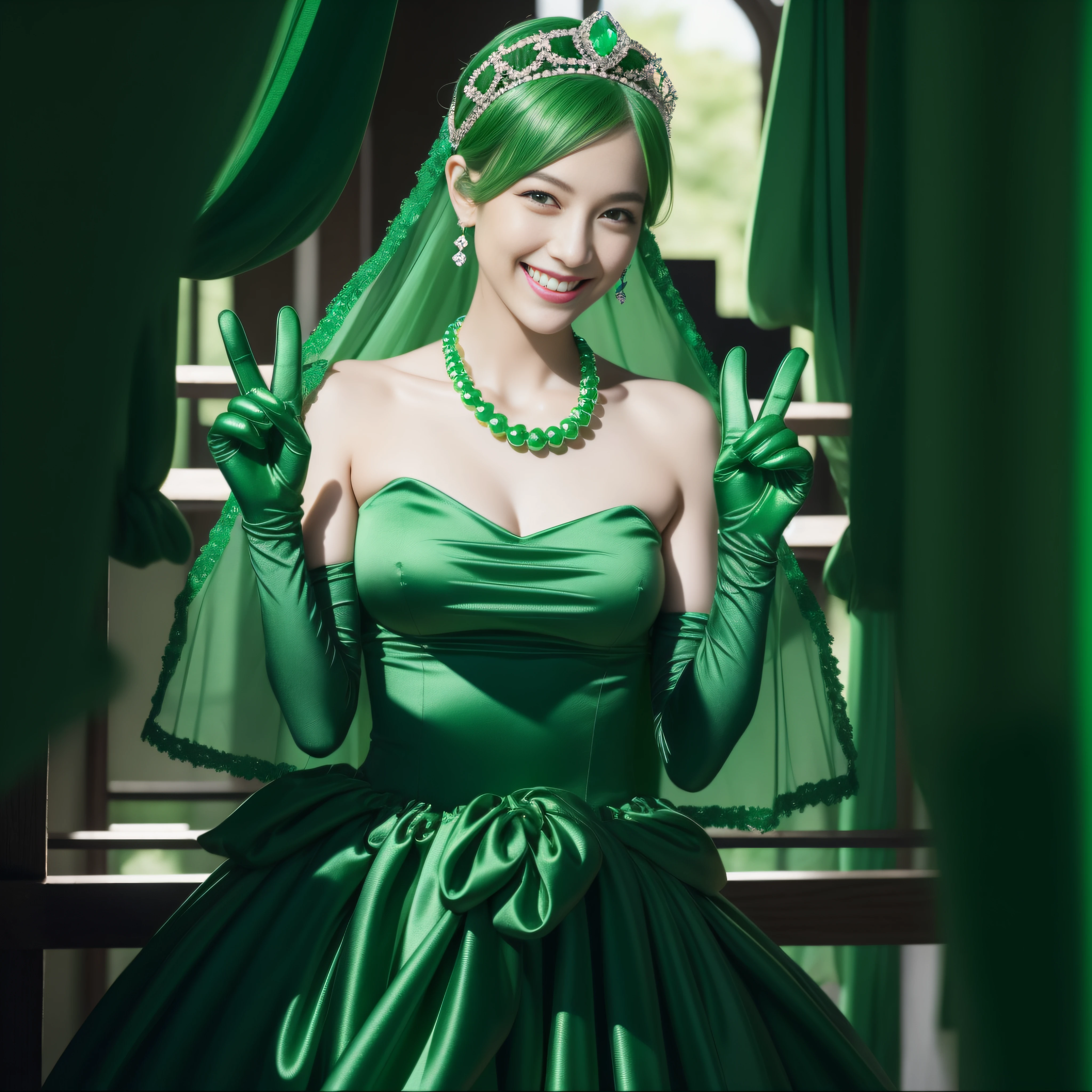 emerald tiara, Green Pearl Necklace, Boyish very short green hair, lipsticks, Japan woman smiling, very short short hair, big breasts beautiful, Green eyes, Long green gloves made of satin material, Green eyes,v sign, Emerald Earrings