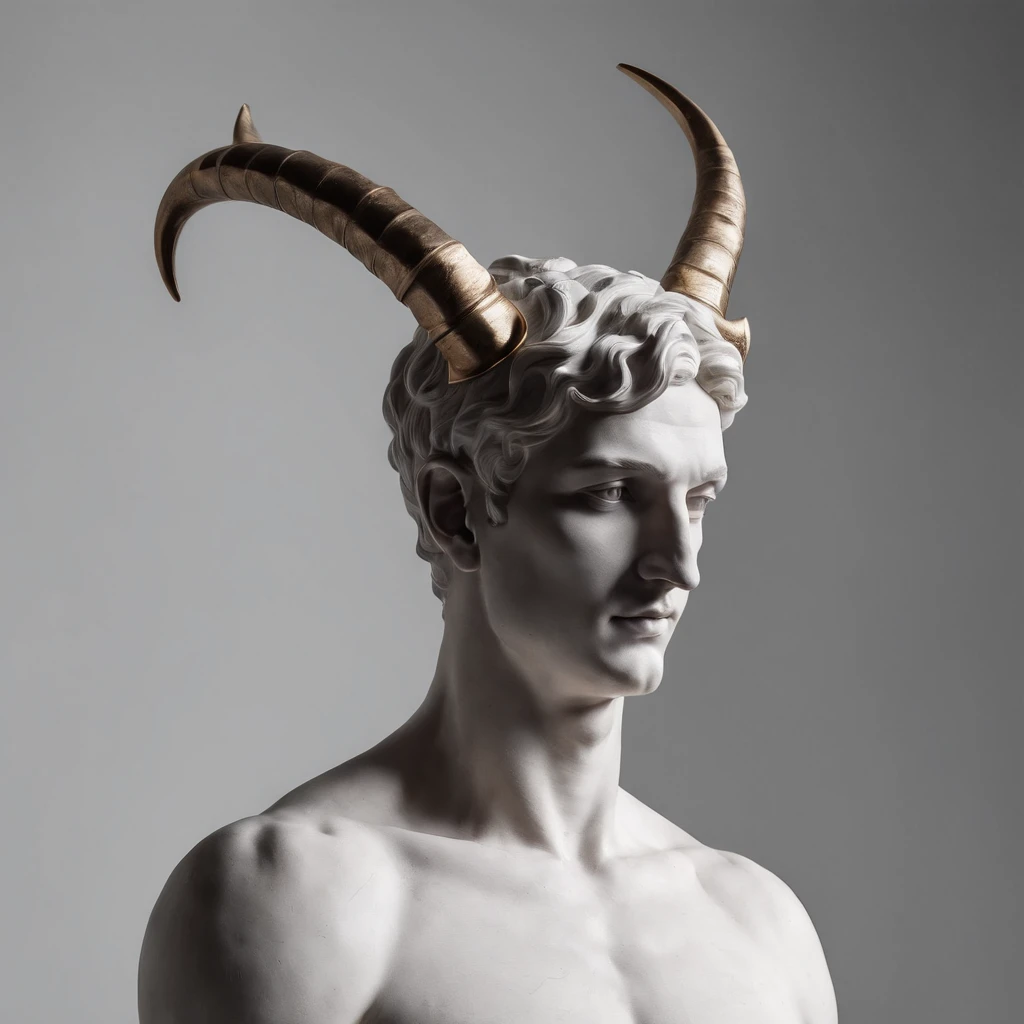 Grey statue of a chained man with horns a dark studio, perfect body statue, man statue, slave in chains representation, minimal background, classic physique.