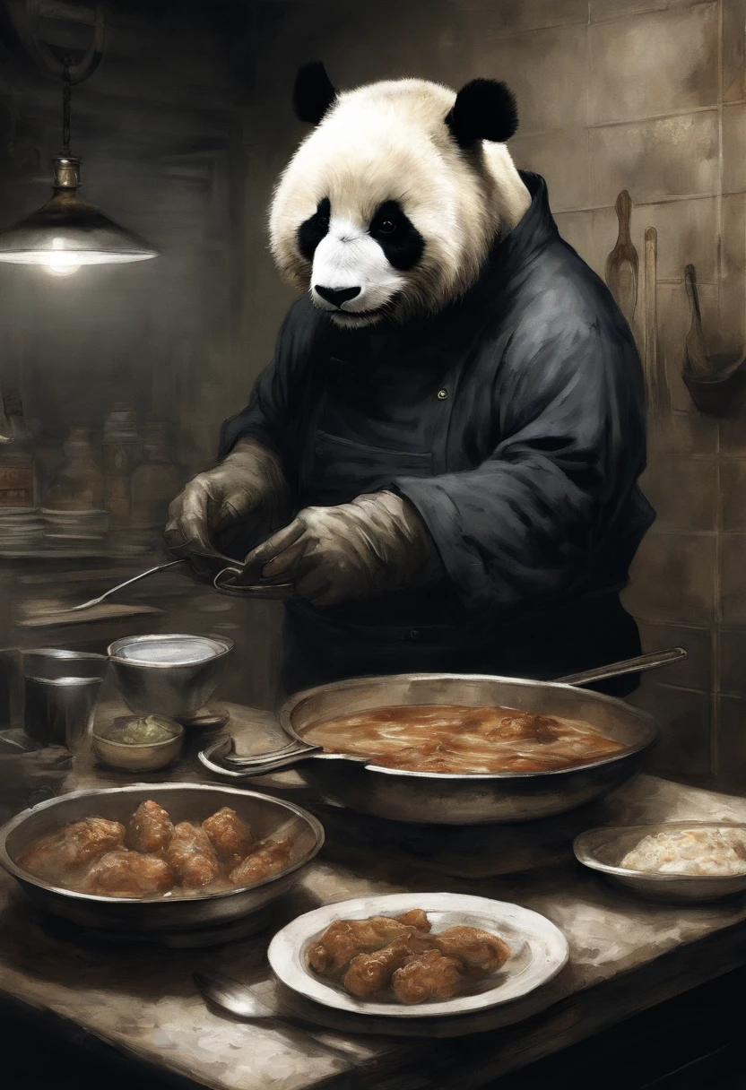Painting by Jean-Baptiste Monge, 真实感, Realism, Capture a touching moment, When a giant fluffy panda in a chef's apron, with Prvar's hat on his head, Standing at the stove in a restaurant., Crowded restaurant, Old Vintage BD Restaurant, People look at him, Savoring a plate of nasi lemaka, Fried Chicken, and a glass of ice cutie. A panda's face should glow with pure happiness and wonder, With a smile on his face, no matter, What To Try For The First Time – Your Favorite Chicken Wings , 4k, Good lighting from large windows, 真实感, Smoke effect, A lot of smoke, The kitchen is lit in the background,