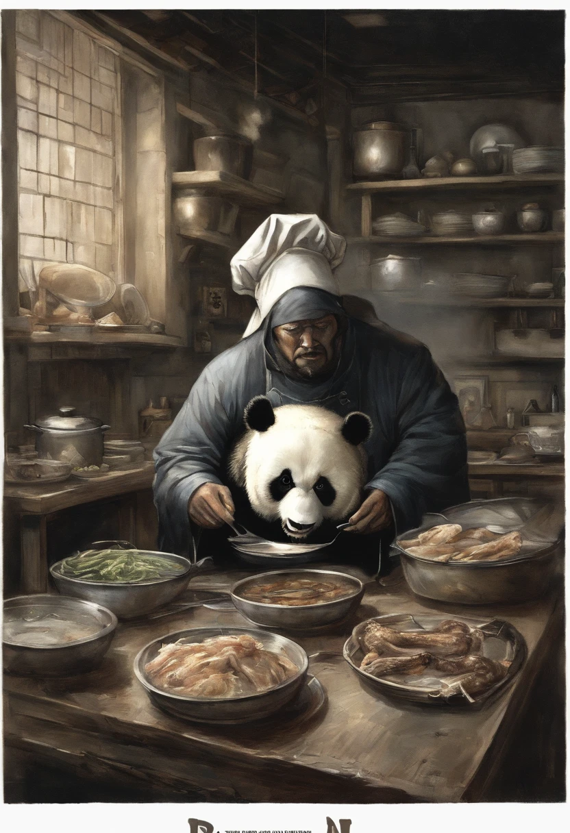 Painting by Jean-Baptiste Monge, 真实感, Realism, Capture a touching moment, When a giant fluffy panda in a chef's apron, with Prvar's hat on his head, Standing at the stove in a restaurant., Crowded restaurant, Old Vintage BD Restaurant, People look at him, Savoring a plate of nasi lemaka, Fried Chicken, and a glass of ice cutie. A panda's face should glow with pure happiness and wonder, With a smile on his face, no matter, What To Try For The First Time – Your Favorite Chicken Wings , 4k, Good lighting from large windows, 真实感, Smoke effect, A lot of smoke, The kitchen is lit in the background,