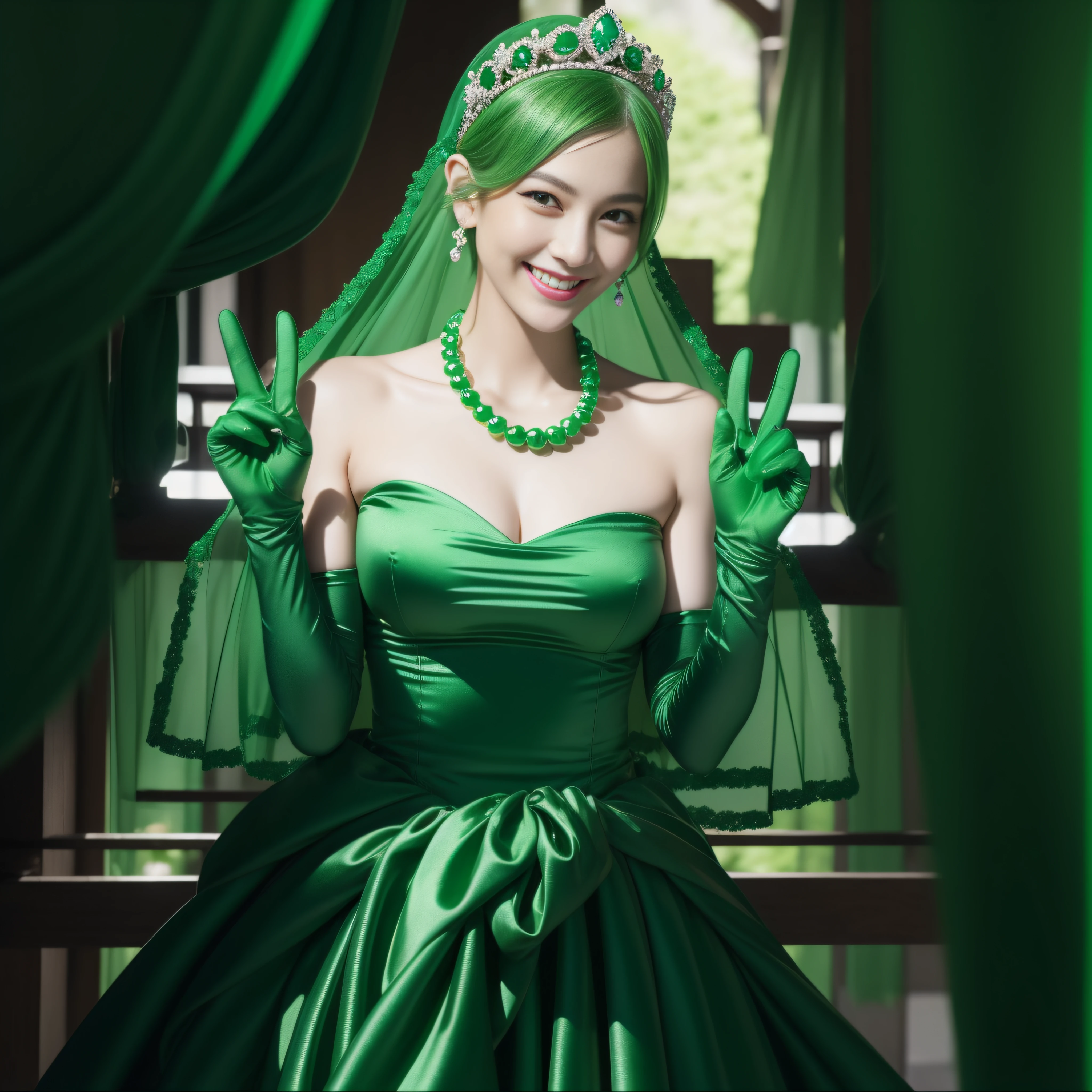 emerald tiara, Green Pearl Necklace, Boyish very short green hair, lipsticks, Japan woman smiling, very short short hair, big breasts beautiful, Green eyes, Long green gloves made of satin material, Green eyes,v sign,Emerald Earrings