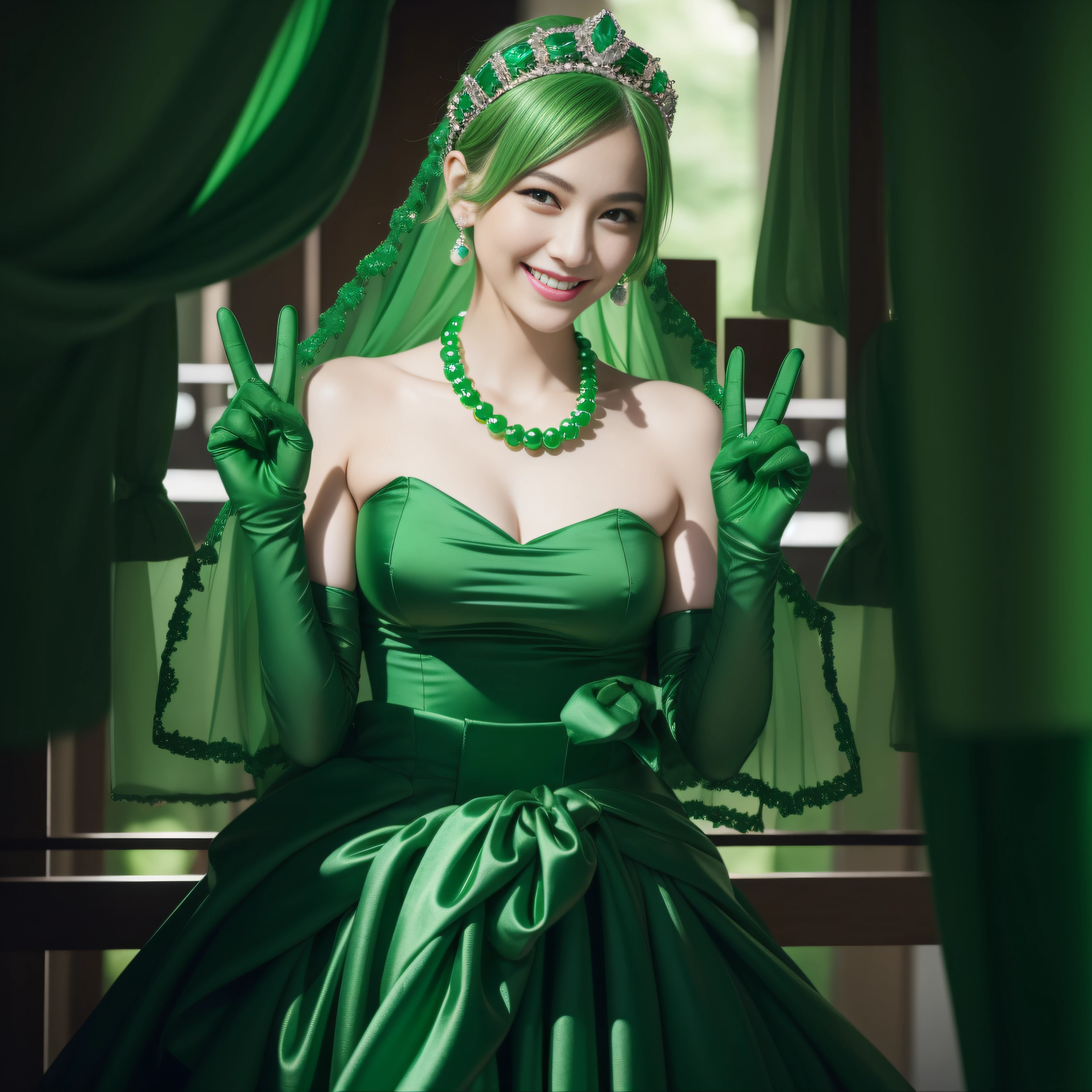 emerald tiara, Green Pearl Necklace, Boyish very short green hair, lipsticks, Japan woman smiling, very short short hair, big breasts beautiful, Green eyes, Long green gloves made of satin material, Green eyes, Emerald Earrings, green vale, v sign