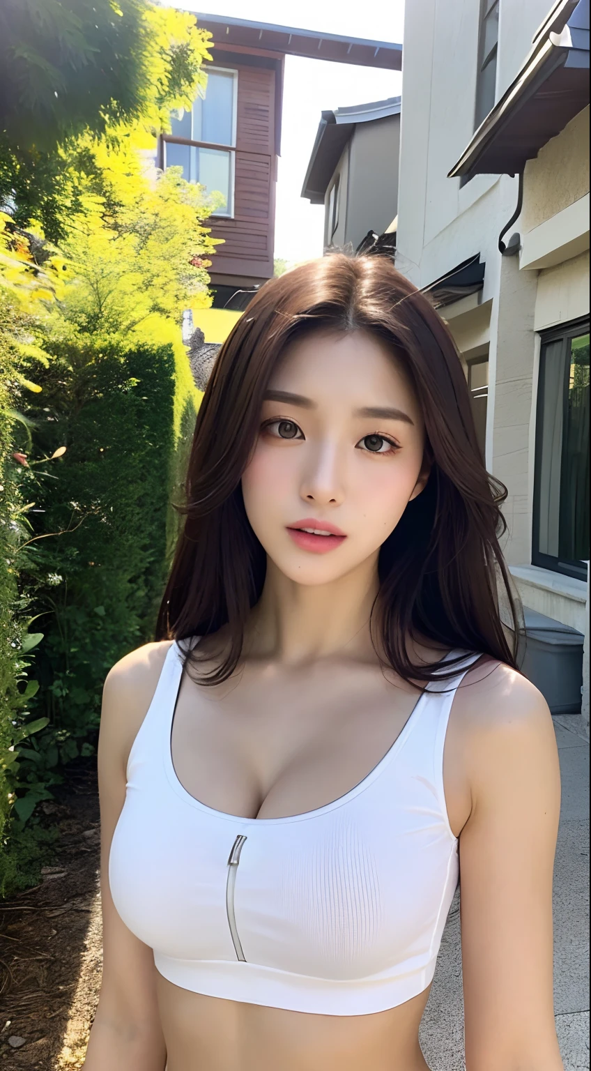((Realistic lighting、top-quality、8K、tmasterpiece:1.3))、Light focus:1.2、1girl in、perfect body type:1.4、Slim abs:1.1、((dark brown hair))、(White crop top:1.4)、(outside of house、natta:1.1)、street、ultra thin face、Thin eyes、二重まぶた、Complete fitness body、Short clothing、Elegant features of the chest、Physical characteristics of the perfect role-playing model、Sexy traits in proof、 Geek tight and sexy fashion outfits、Perfect facial and body details and functions
