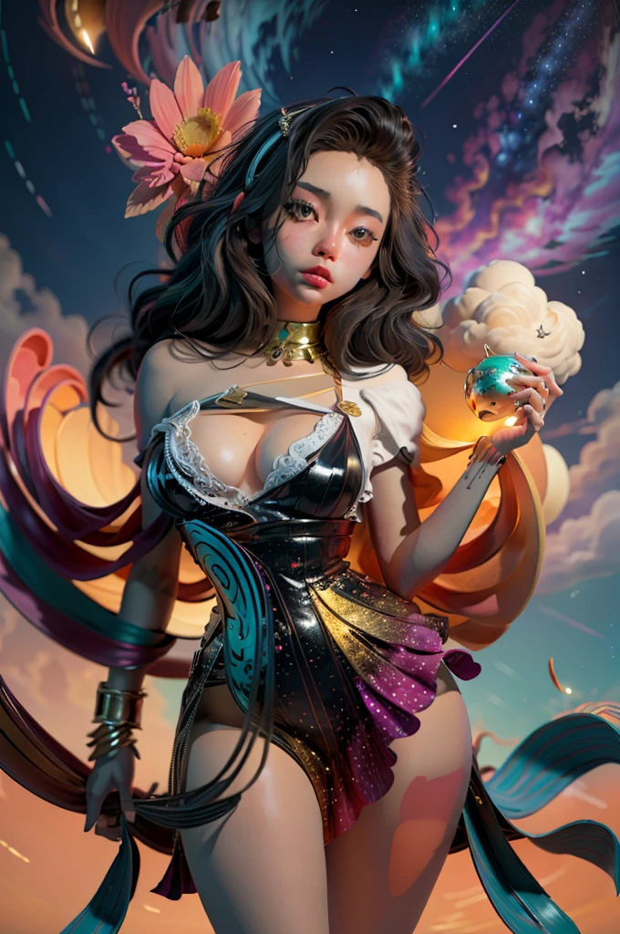 Girl standing in the clouds staring up as the stars, stars floating around her, brilliant colors, amazing swirls of cosmic dust, colorful vibrant, light particles, Create digital artwork in the Pop Art style, Featuring a vibrant and confident young Asian girl,street fashion (breast), Movie color scheme, Surrounded by vintage flower motifs, Vibrant brushstrokes,Emotions should be dynamic, Upper body, Drawing, illustration, escala cinza, tropical, Many flowers,