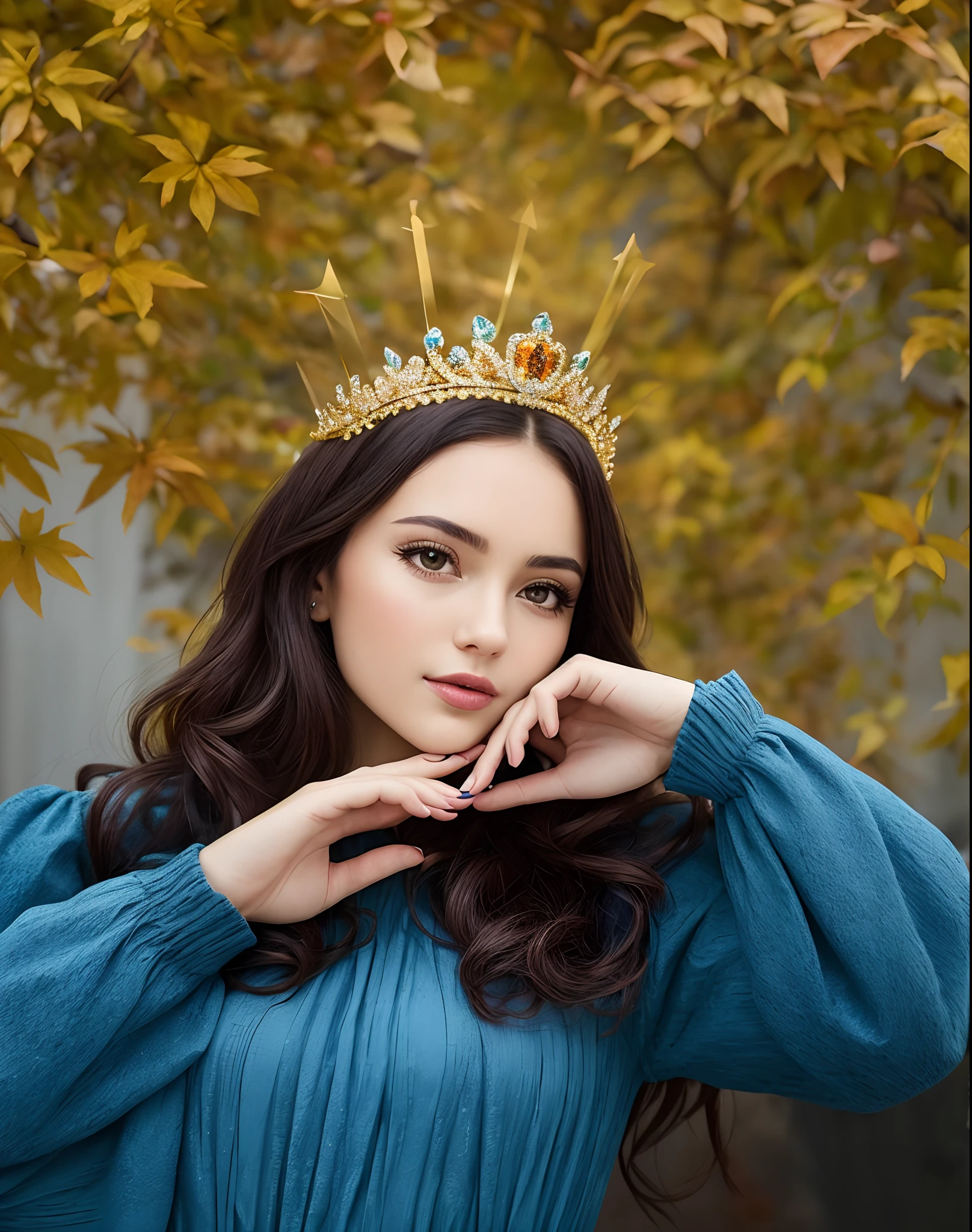 autumn, Autumn background, woman in blue dress, Beautiful dress on a girl, Woman in a tiara posing for a photo, Wearing a tiara, Wearing a tiara, wearing crystal fractal tiara, Wearing a crown, Wearing a Diamond Crown, Tiara with sapphire, Wearing a crown, diadem on the head, autumnal empress, Tiara with emeralds, Royal crown on top of the head, Wearing a gold crown, Wearing a Paper Crown