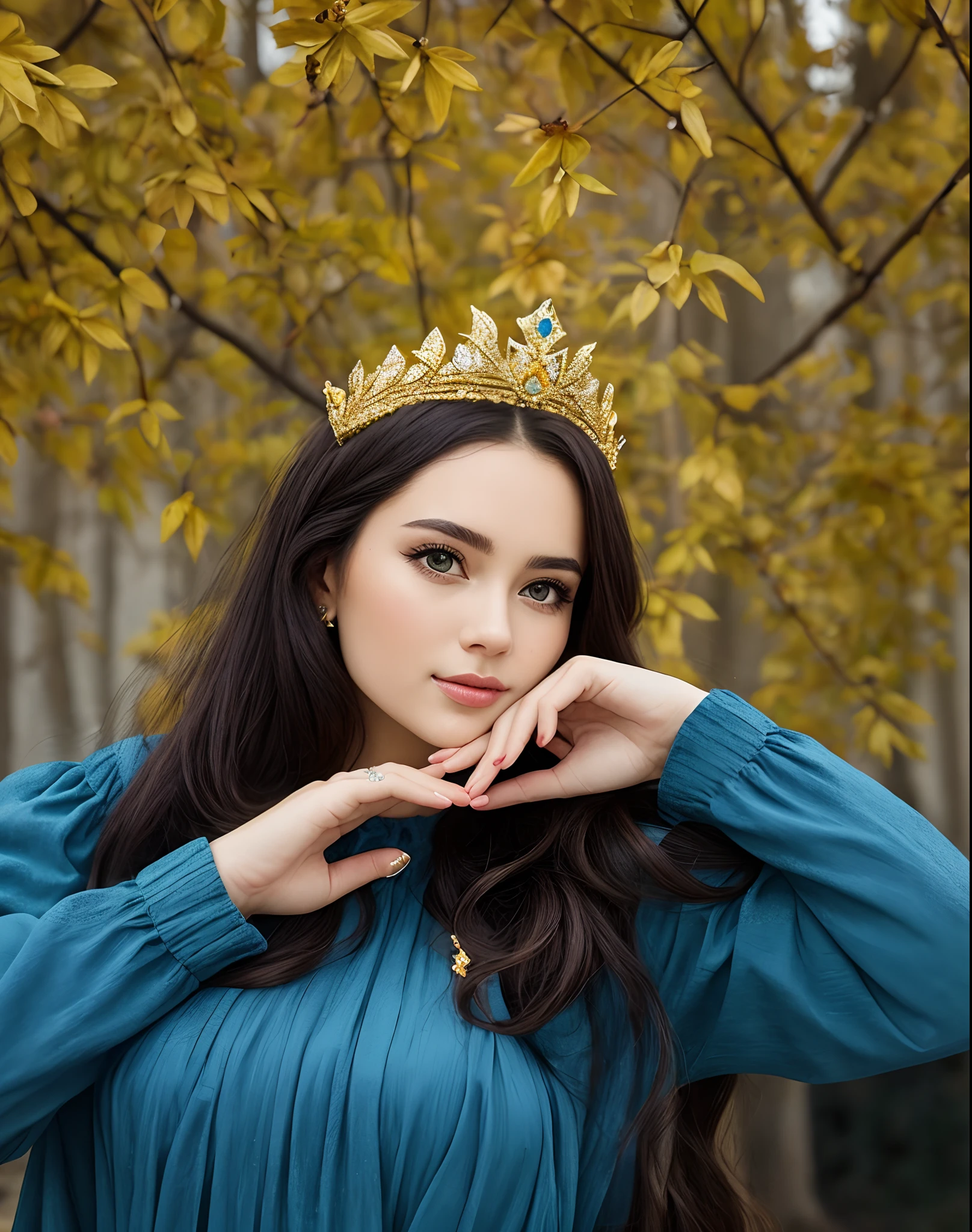 autumn, Autumn background, woman in blue dress, Beautiful dress on a girl, Woman in a tiara posing for a photo, Wearing a tiara, Wearing a tiara, wearing crystal fractal tiara, Wearing a crown, Wearing a Diamond Crown, Tiara with sapphire, Wearing a crown, diadem on the head, autumnal empress, Tiara with emeralds, Royal crown on top of the head, Wearing a gold crown, Wearing a Paper Crown