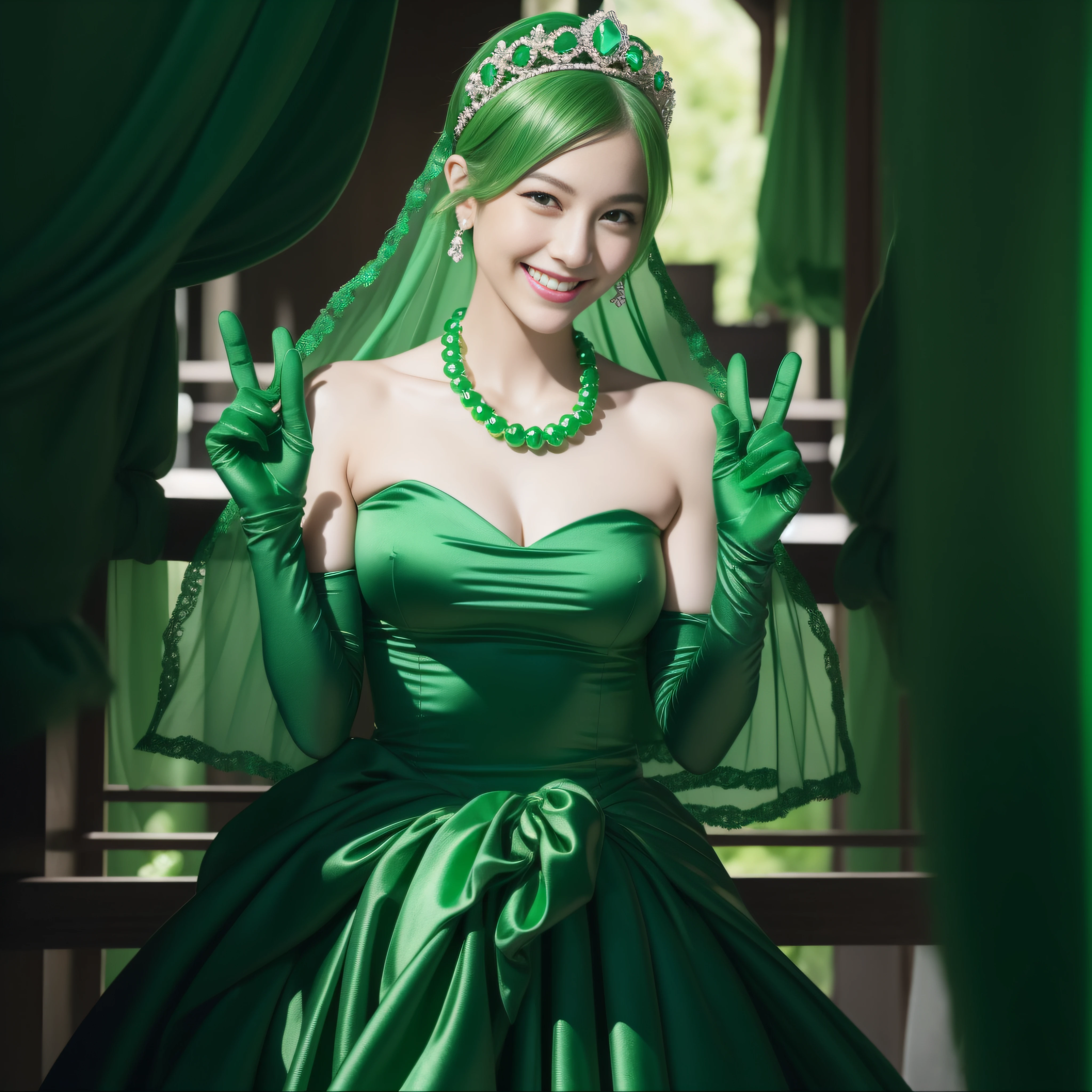 emerald tiara, Green Pearl Necklace, Boyish very short green hair, lipsticks, Japan woman smiling, very short short hair, big breasts beautiful, Green eyes, Long green gloves made of satin material, Green eyes, v sign,V-sign with both hands, Emerald Earrings