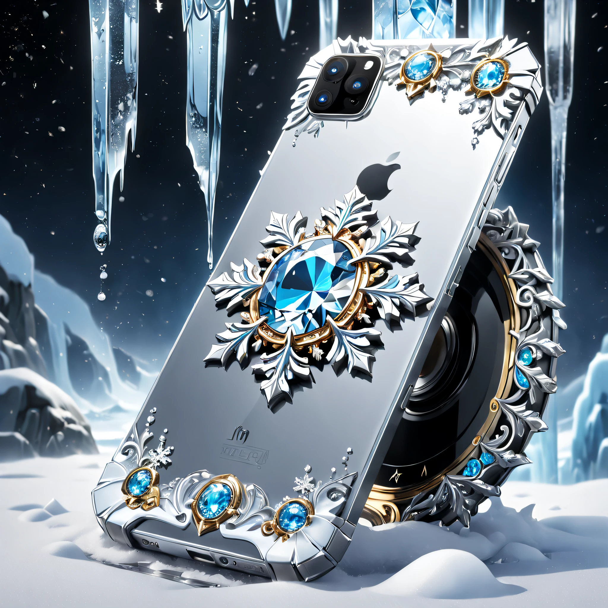 (8K, 16k, Award-winning, Highest quality, Highest resolution, Super detail, High detail, Anatomically correct, Masterpiece, Stunning beauty), (metal ring: 1.3), Smartphones inside icicles , smartphone, detailed decoration, Snowflake edging, delicate craftsmanship , Legendary smartphones, Rare and precious, Intricate details, Smartphones are made of a metal called orichalcum, There are no gemstones, (Ancient characters are engraved on the inside of the smartphone: 1.2), Impeccable, Platinum, White, Gold and silver, Trapped in a world of ice and snow.