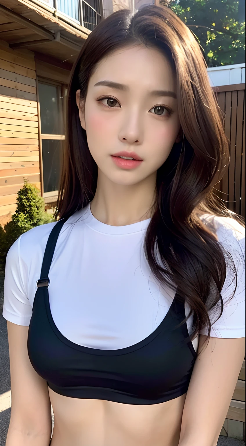 ((Realistic lighting、top-quality、8K、tmasterpiece:1.3))、Light focus:1.2、1girl in、perfect body type:1.4、Slim abs:1.1、((dark brown hair))、(White crop top:1.4)、(outside of house、natta:1.1)、street、ultra thin face、Thin eyes、二重まぶた、Complete fitness body、Short clothing、Elegant features of the chest、Physical characteristics of the perfect role-playing model、Sexy traits in proof、 Geek tight and sexy fashion outfits、Perfect facial and body details and functions