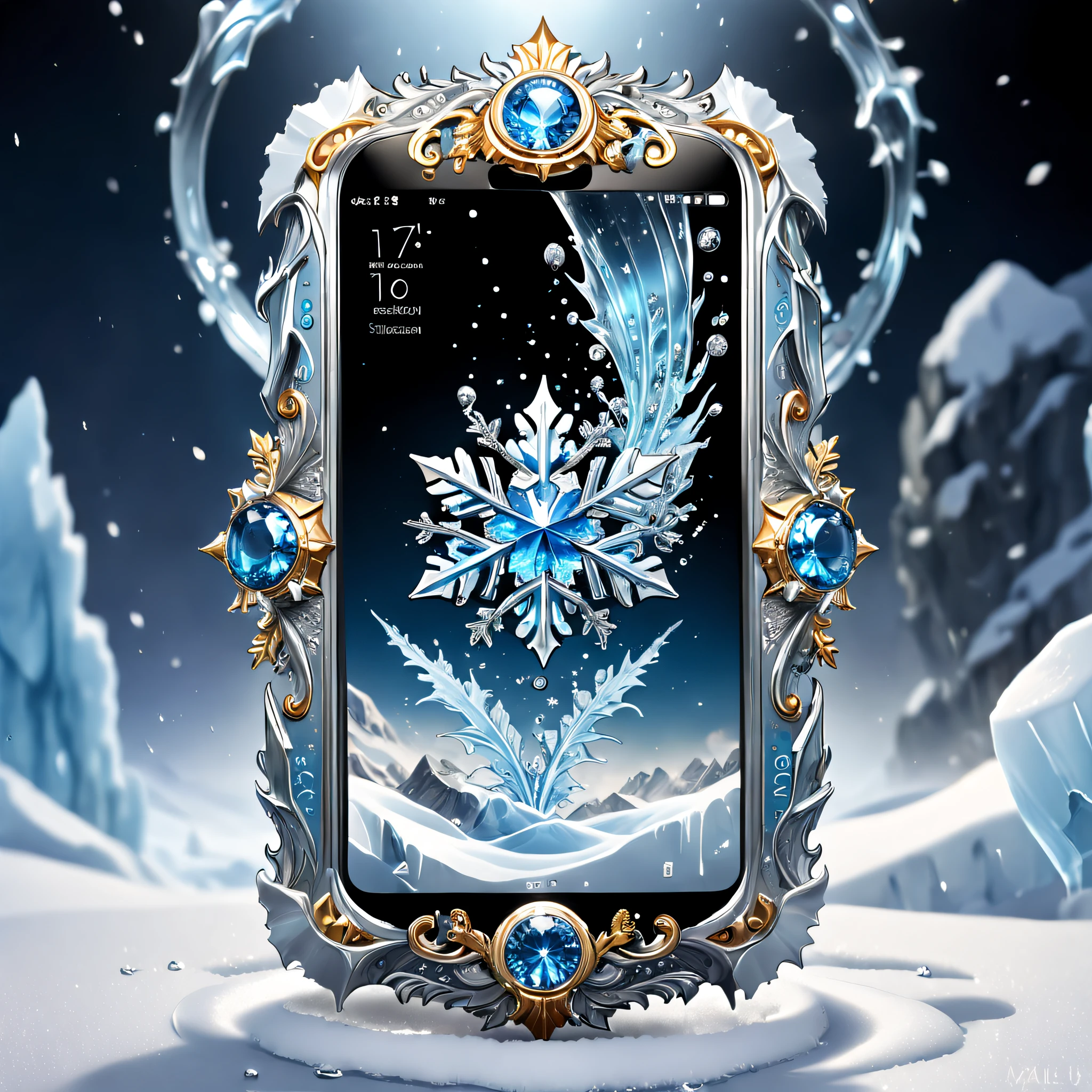 (8K, 16k, Award-winning, Highest quality, Highest resolution, Super detail, High detail, Anatomically correct, Masterpiece, Stunning beauty), (metal ring: 1.3), Smartphones inside icicles , smartphone, detailed decoration, Snowflake edging, delicate craftsmanship , Legendary smartphones, Rare and precious, Intricate details, Smartphones are made of a metal called orichalcum, There are no gemstones, (Ancient characters are engraved on the inside of the smartphone: 1.2), Impeccable, Platinum, White, Gold and silver, Trapped in a world of ice and snow.