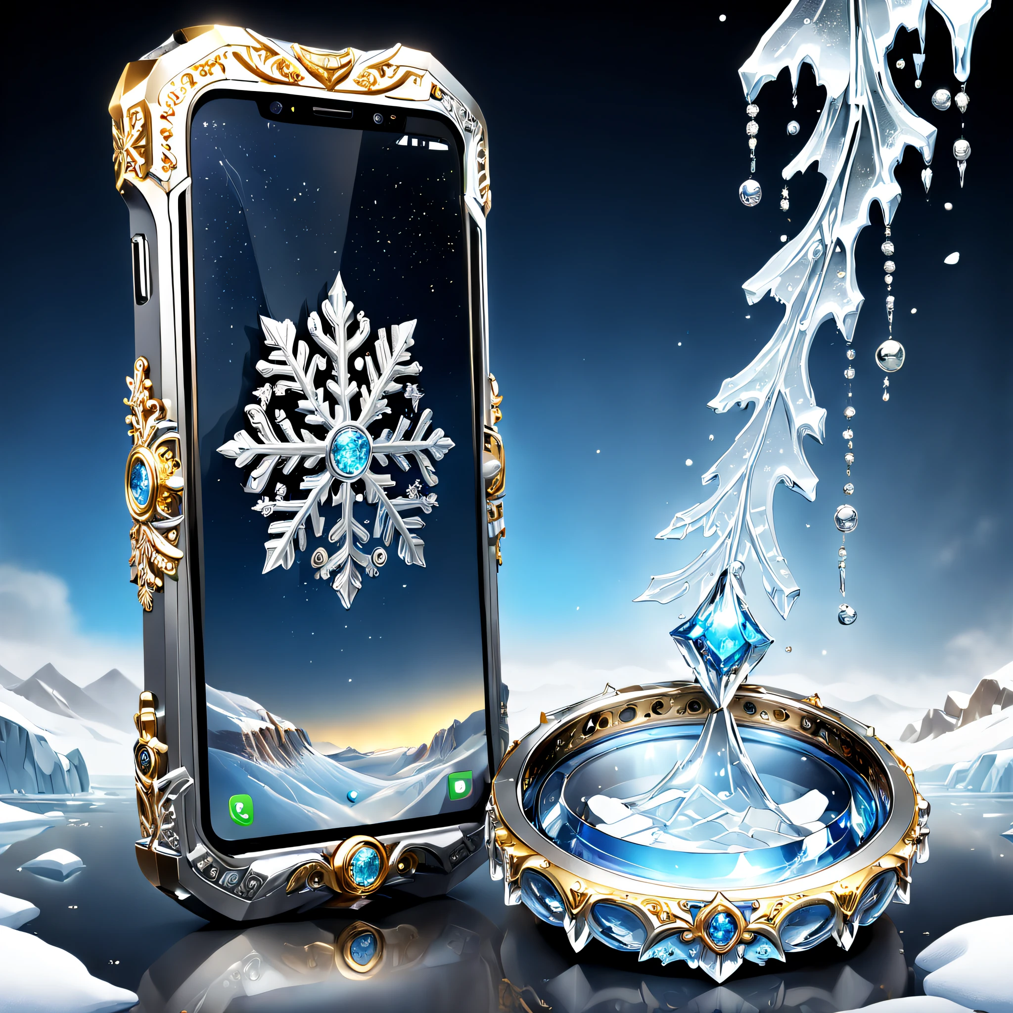 (8K, 16k, Award-winning, Highest quality, Highest resolution, Super detail, High detail, Anatomically correct, Masterpiece, Stunning beauty), (metal ring: 1.3), Smartphones inside icicles , smartphone, detailed decoration, Snowflake edging, delicate craftsmanship , Legendary smartphones, Rare and precious, Intricate details, Smartphones are made of a metal called orichalcum, There are no gemstones, (Ancient characters are engraved on the inside of the smartphone: 1.2), Impeccable, Platinum, White, Gold and silver, Trapped in a world of ice and snow.