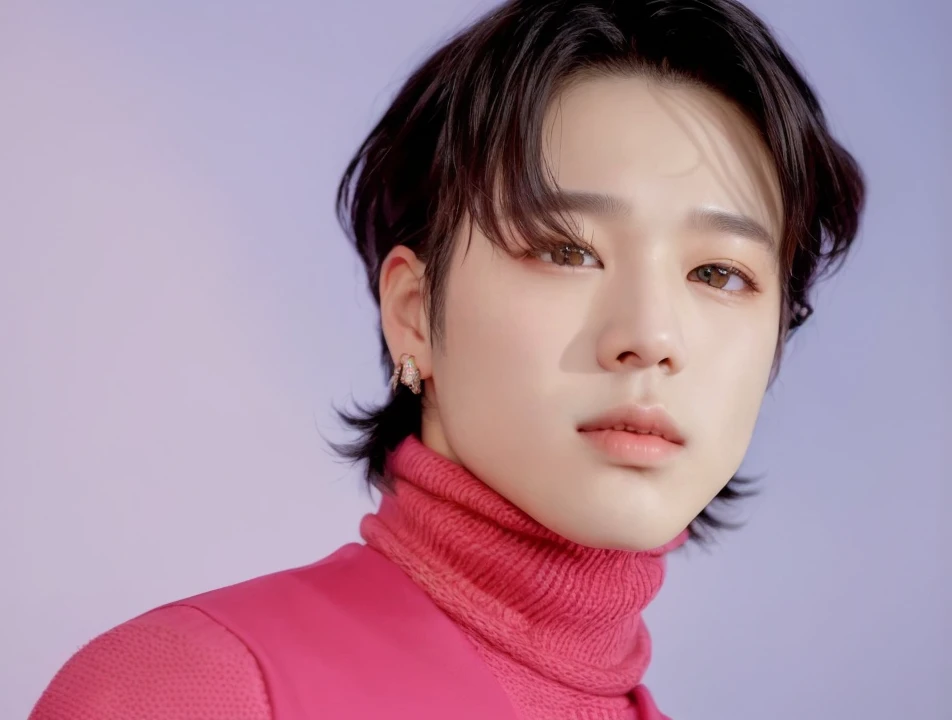 A closeup of a person wearing a pink turtleneck sweater, Jimin\'s right eyelid swollen, Jimin, Jimin\Plump lips, Jimin\Nariz grego, Parque Jimin, Rosto Jimin preciso, Hyung Tae, Yanjun Chengt, Hong June Hyung, Ji-Min, wan adorable korean face, Hyung Tae Kim, TaeJune Kim