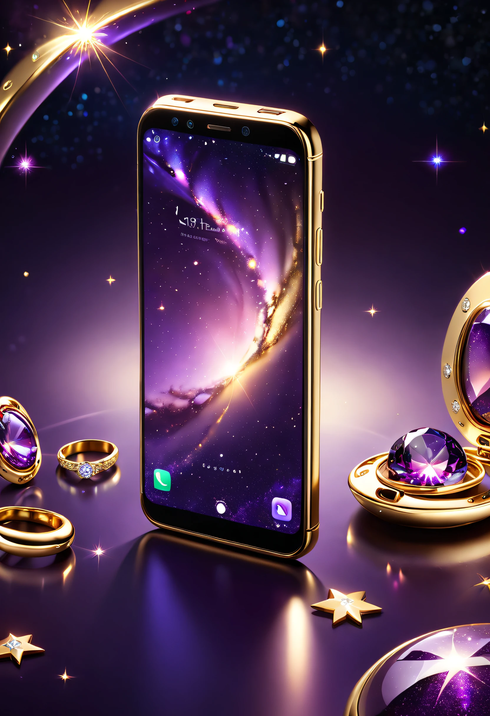 hyper HD, Super detail, Best quality, High details, 1080p, 16k, A high resolution，Phone close-up，A smartphone with a sparkling surface, Amazing smartphones, Magic Crystal smartphone,Starry smartphones, purple sparkles, gold and purple, ring lit,, A gleaming gold smartphone, glowing purple, The background is the mysterious cosmic starry sky,smartphone photography, Jewelry and gold smartphones，(The best illustrations)，(The best shadow)，Isometric 3D.Octane rendering，Hyperrealistic