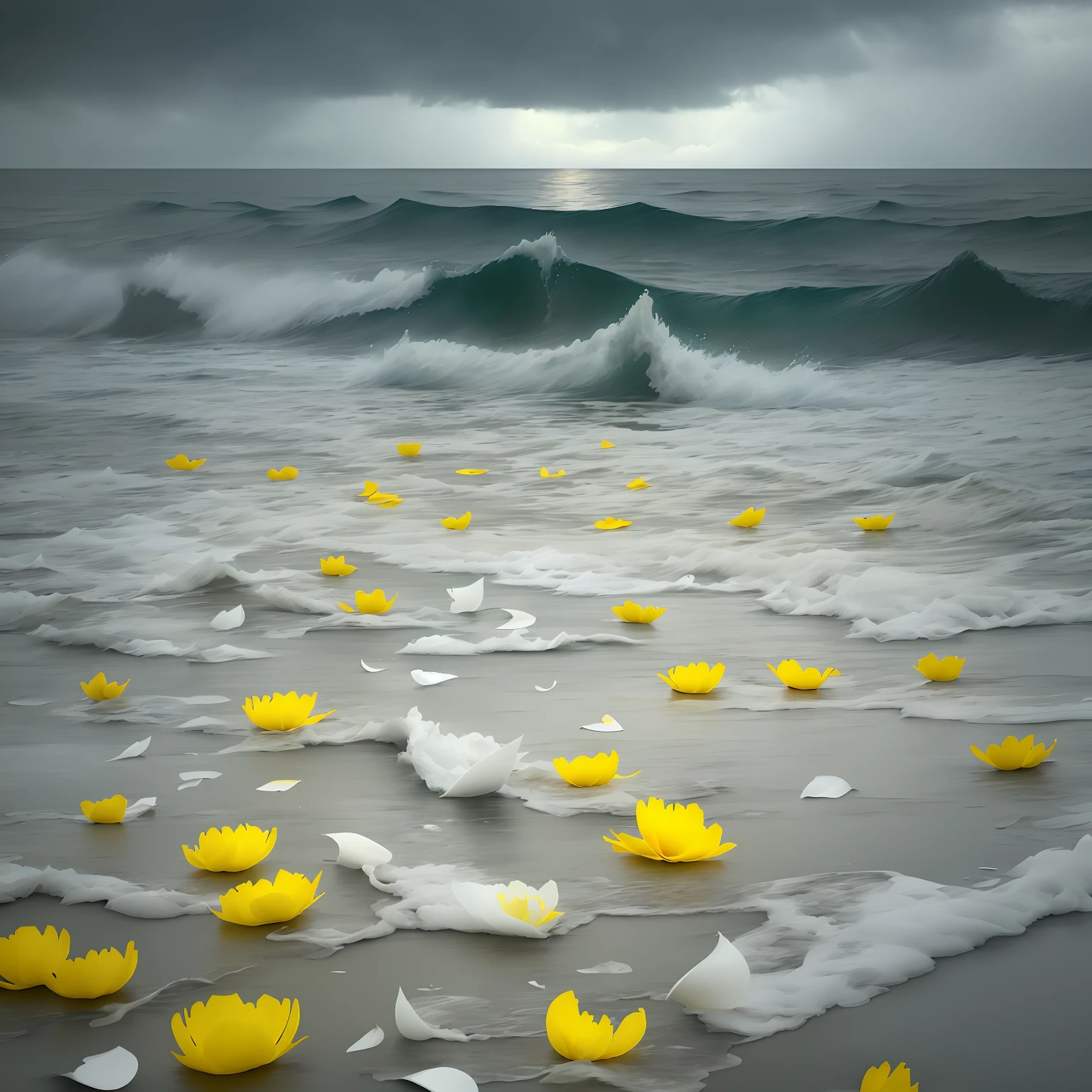 White and yellow floating on the sea，Broken petals are scattered on the sea，Rain hit the sea，Dark and gloomy sky