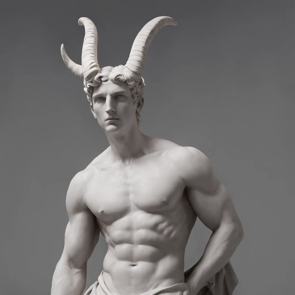 Greek style statue of a man with horns in a dark studio, perfect body statue, man statue, marble statue, minimal background, classic physique.