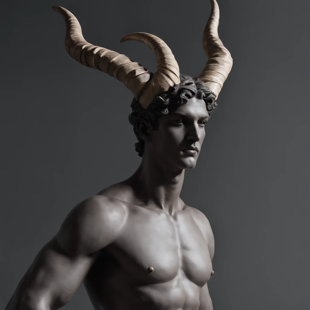 Greek style statue of a man with horns in a dark studio, perfect body statue, man statue, marble statue, minimal background, classic physique.