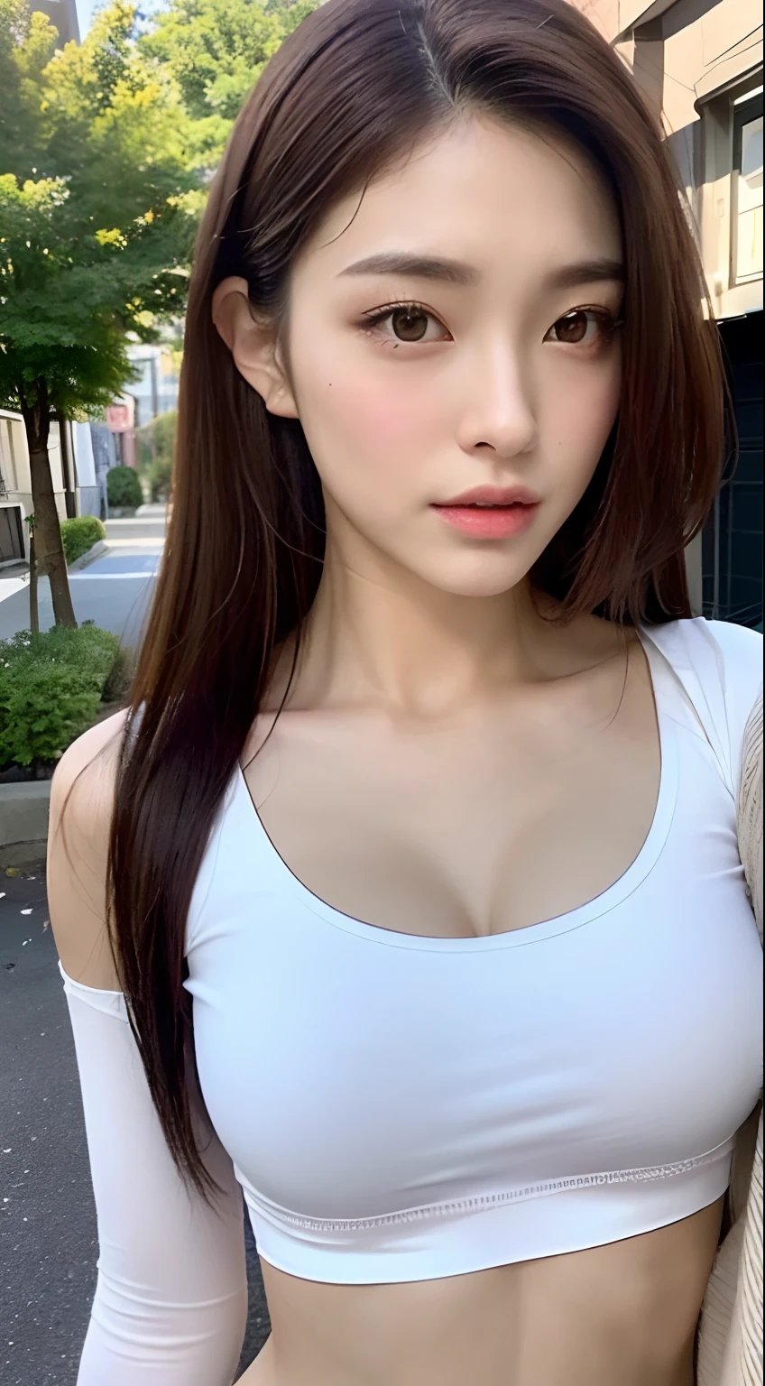 ((Realistic lighting、top-quality、8K、tmasterpiece:1.3))、Light focus:1.2、1girl in、perfect body type:1.4、Slim abs:1.1、((dark brown  hair))、(White crop top:1.4)、(outside of house、natta:1.1)、street、ultra thin face、Thin eyes、二重まぶた、Complete fitness body、Short clothing、Elegant features of the chest、Physical characteristics of the perfect role-playing model、Sexy traits in proof、 Geek tight and sexy fashion outfits、Perfect facial and body details and functions