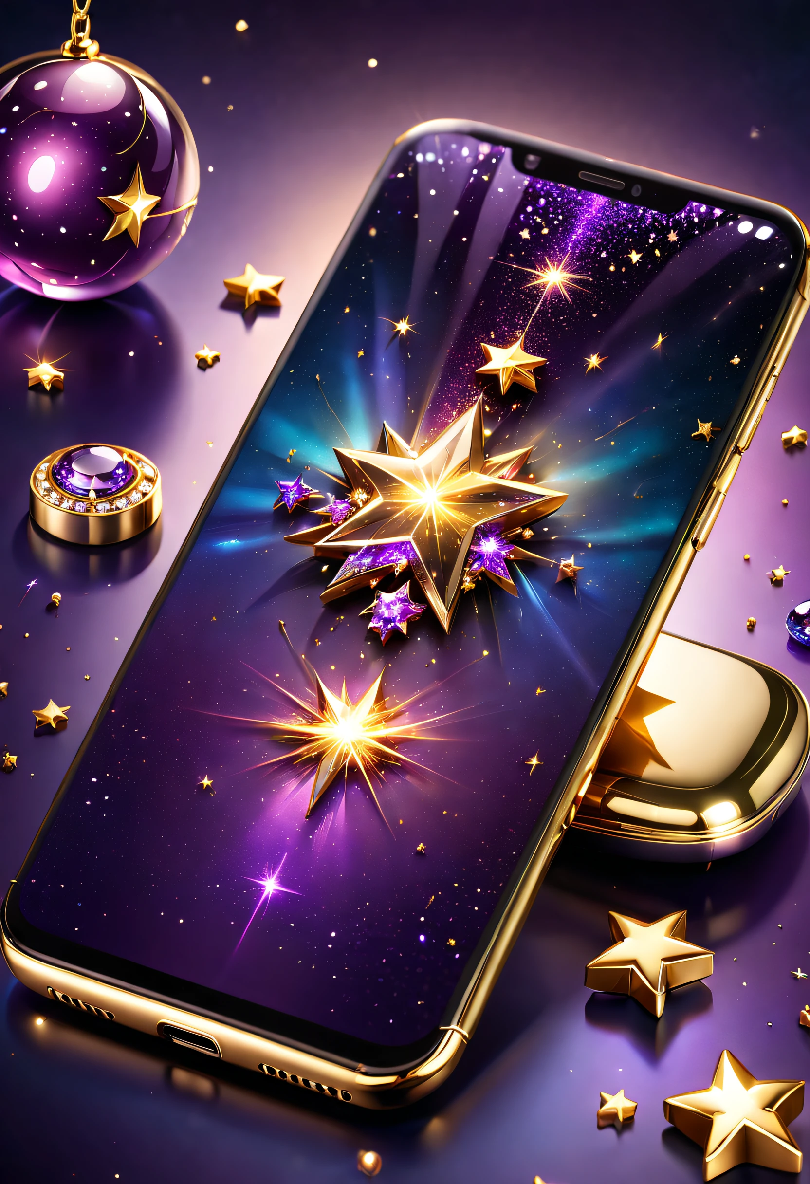 hyper HD, Super detail, Best quality, High details, 1080p, 16k, A high resolution，Phone close-up，A smartphone with a sparkling surface, Amazing smartphones, Magic Crystal smartphone, A smartphone dotted with stars, purple sparkles, gold and purple, ring lit,, A gleaming gold smartphone, glowing purple, The background is the mysterious cosmic starry sky,smartphone photography, Jewelry and gold smartphones，(The best illustrations)，(The best shadow)，Isometric 3D.Octane rendering，Hyperrealistic