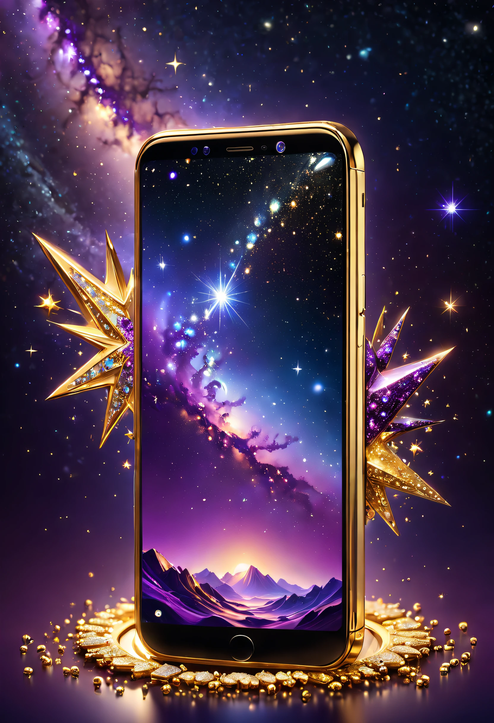 hyper HD, Super detail, Best quality, High details, 1080p, 16k, A high resolution,Phone close-up,A smartphone with a sparkling surface, Amazing smartphones, Magic Crystal smartphone, A smartphone studded with a starry sky, purple sparkles, gold and purple, ring lit,, A gleaming gold smartphone, glowing purple, The background is the mysterious cosmic starry sky,smartphone photography, Jewelry and gold smartphones,(The best illustrations),(The best shadow),Isometric 3D.Octane rendering,Hyperrealistic