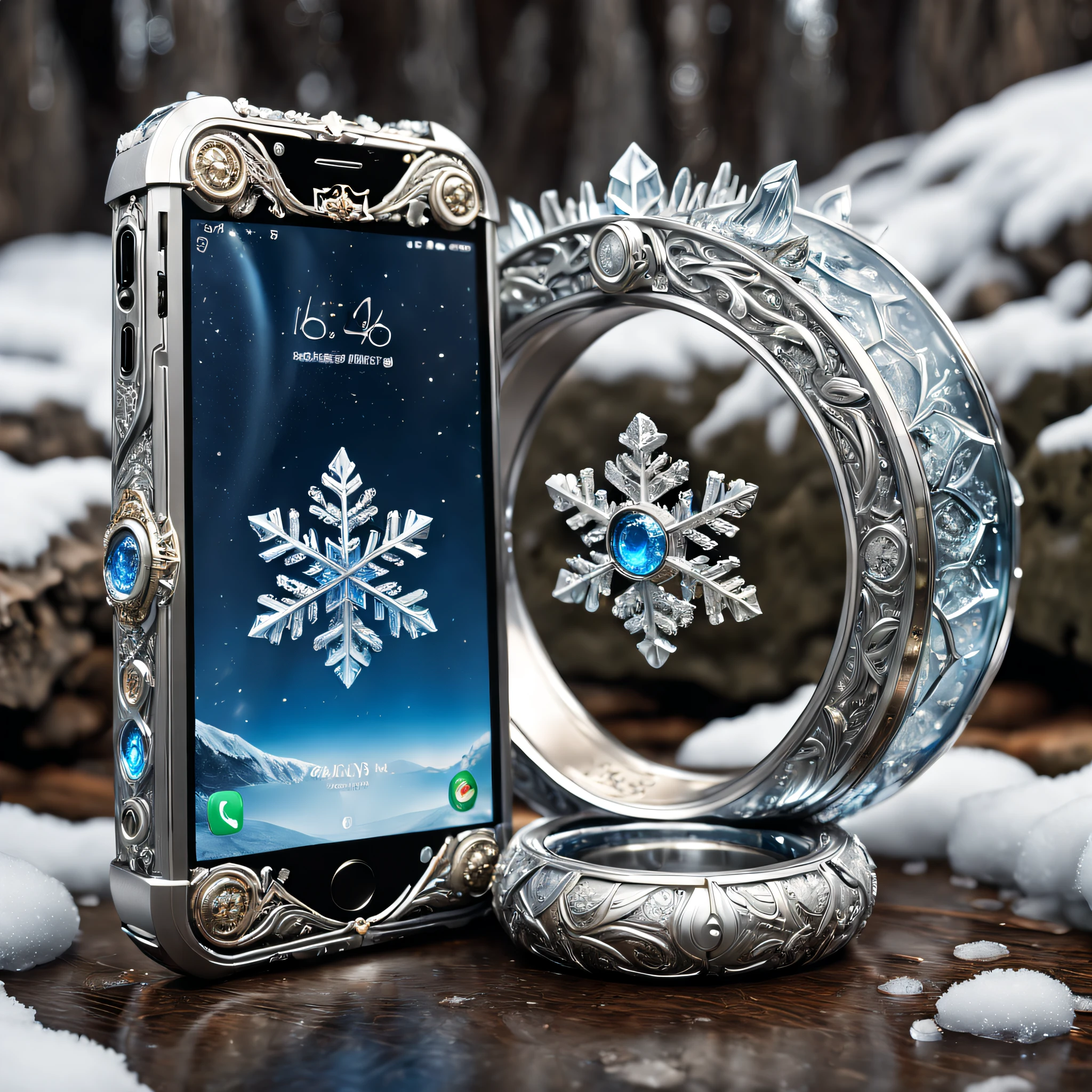 (8K, 16k, Award-winning, Highest quality, Highest resolution, Super detail, High detail, Anatomically correct, Masterpiece, Stunning beauty), (metal ring: 1.3), Smartphones inside icicles , smartphone, detailed decoration, Snowflake carving, delicate craftsmanship , Legendary smartphones, Rare and precious, Intricate details, Smartphones are made of a metal called orichalcum, There are no gemstones, (Ancient characters are engraved on the inside of the smartphone: 1.2), Impeccable, Platinum, White, Gold and silver, Trapped in a world of ice and snow.