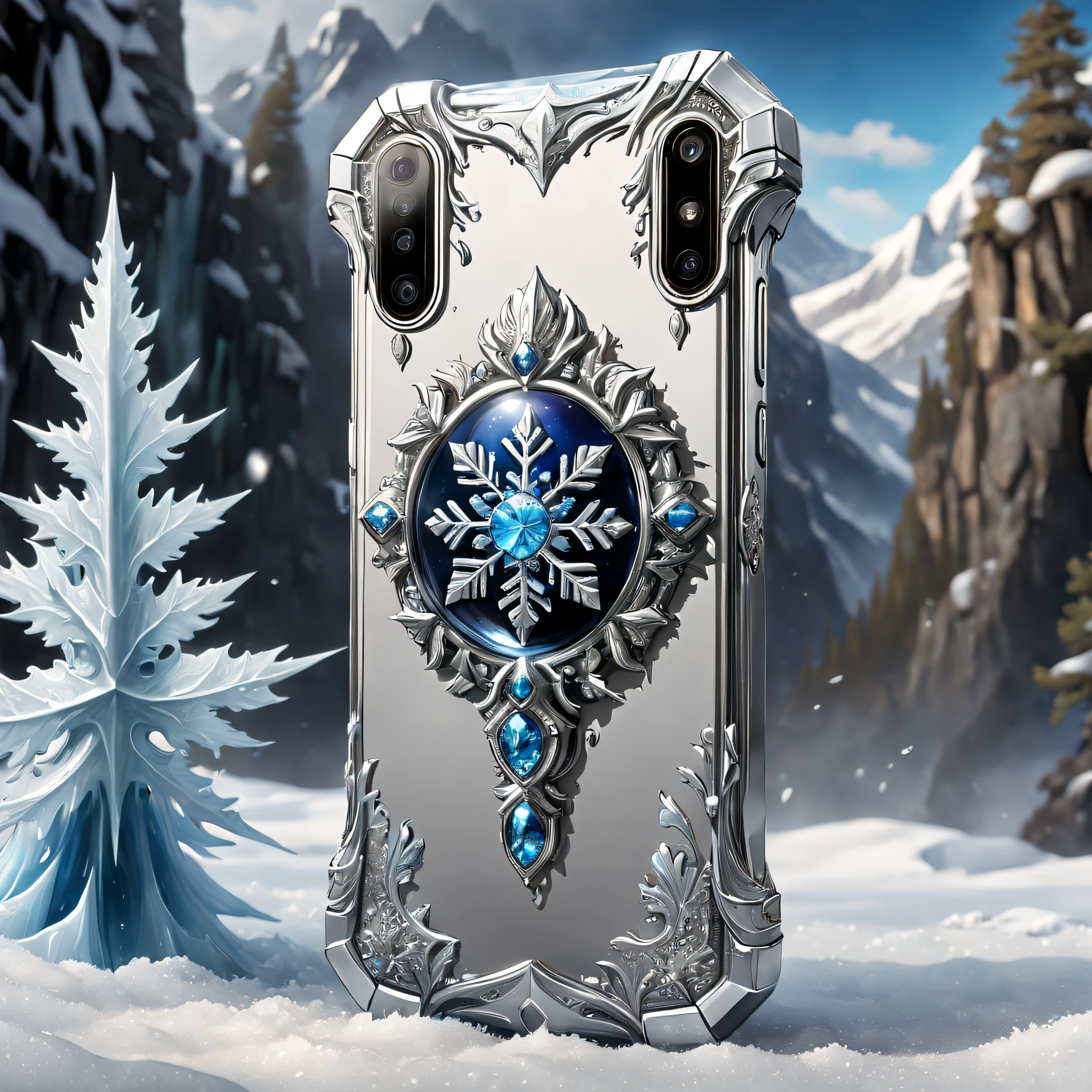 (8K, 16k, Award-winning, Highest quality, Highest resolution, Super detail, High detail, Anatomically correct, Masterpiece, Stunning beauty), (metal ring: 1.3), Smartphones inside icicles , smartphone, detailed decoration, Snowflake carving, delicate craftsmanship , Legendary smartphones, Rare and precious, Intricate details, Smartphones are made of a metal called orichalcum, There are no gemstones, (Ancient characters are engraved on the inside of the smartphone: 1.2), Impeccable, Platinum, White, Gold and silver, Trapped in a world of ice and snow.