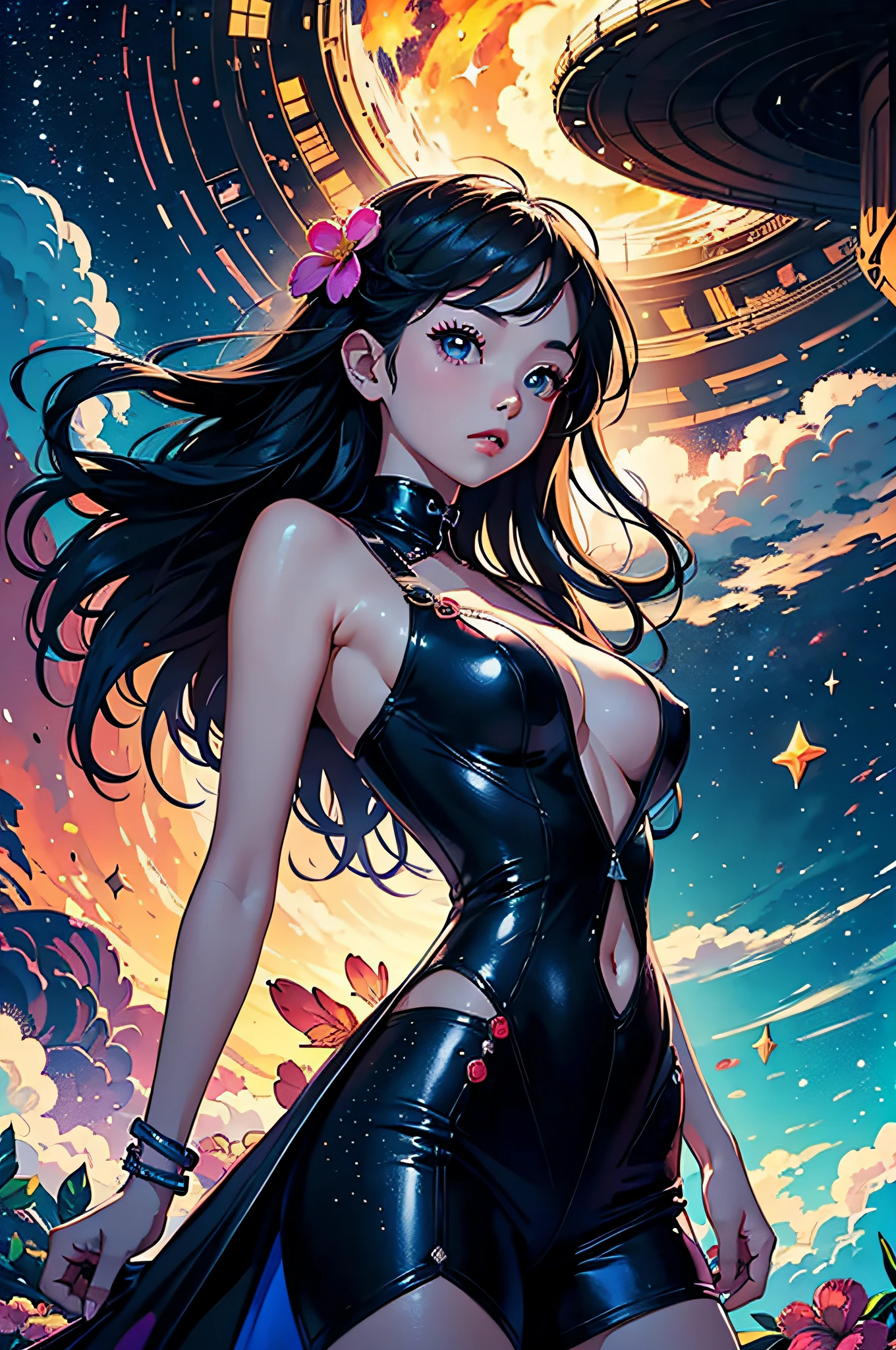 Girl standing in the clouds staring up as the stars, stars floating around her, brilliant colors, amazing swirls of cosmic dust, colorful vibrant, light particles, Create digital artwork in the Pop Art style, Featuring a vibrant and confident young Asian girl,street fashion (breast), Movie color scheme, Surrounded by vintage flower motifs, Vibrant brushstrokes,Emotions should be dynamic, Upper body, Drawing, illustration, escala cinza, tropical, Many flowers,
