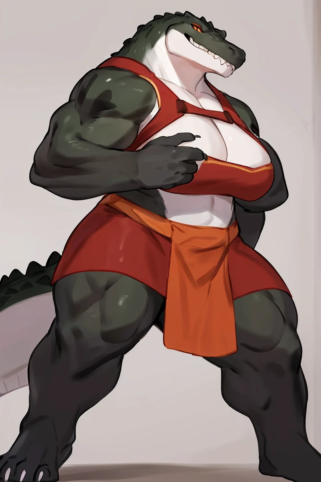 Solo, standing, female, alligator, (((By bebebebebe))), by buta99, by chunie, by sonsasu, by danza, grey skin, orange eyes, giant, gigantic, enormous, massive, huge, strong, powerful, muscular, buff, hulking, thick, big breasts, ((underbite, sharp white teeth)), smirking, chestpiece,full body, tunic