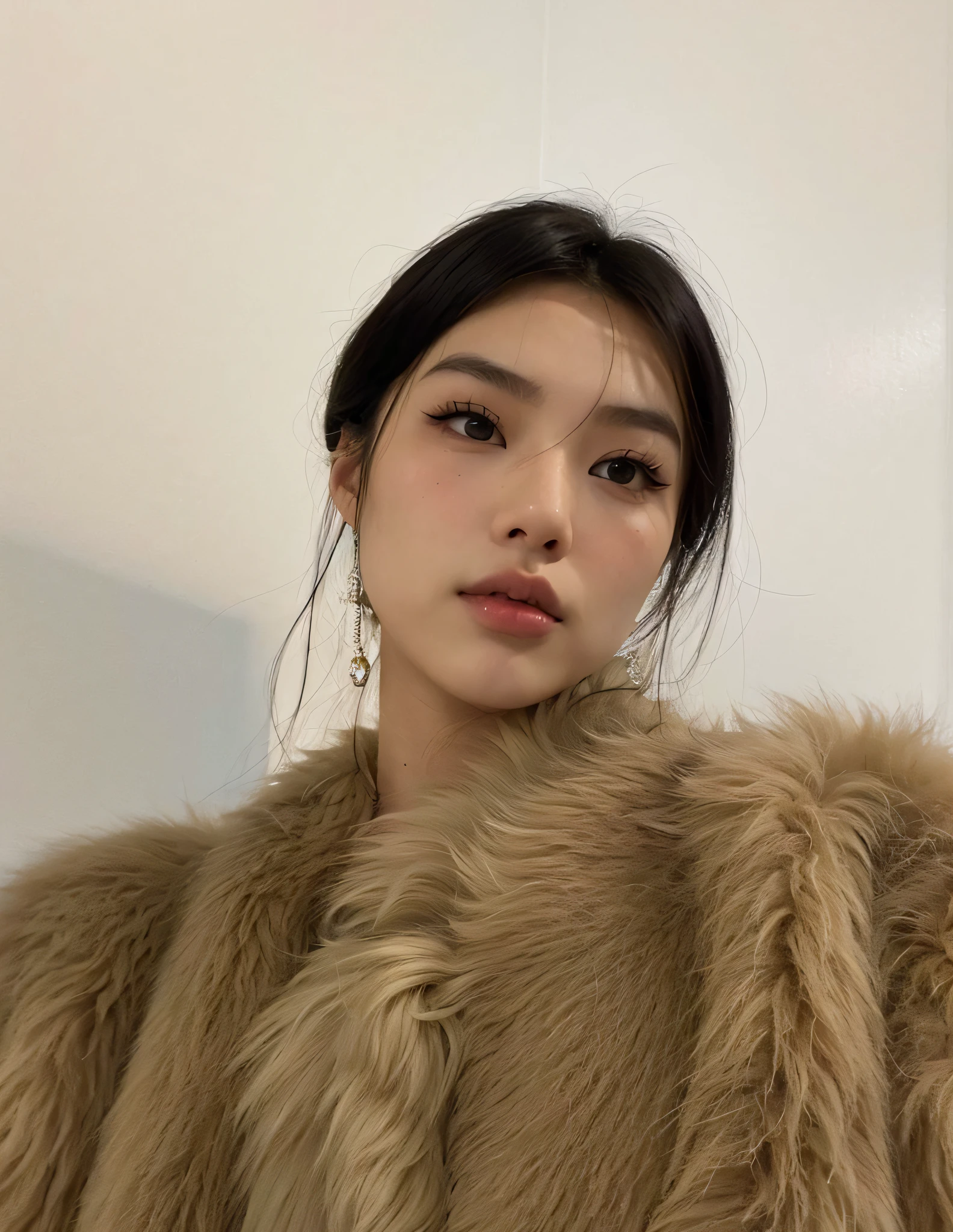 Un primer plano de una mujer con un abrigo de piel y una camisa blanca, Wenfei Ye, a young asian woman, beautiful asian girl, Xision Wu, Asian face, Mai Anh Tran, an asian woman, asian features, Asian girl, asian women, Hermosa modelo china, south east asian with round face, Beautiful aesthetic face, Cindy Avelino, japanese model