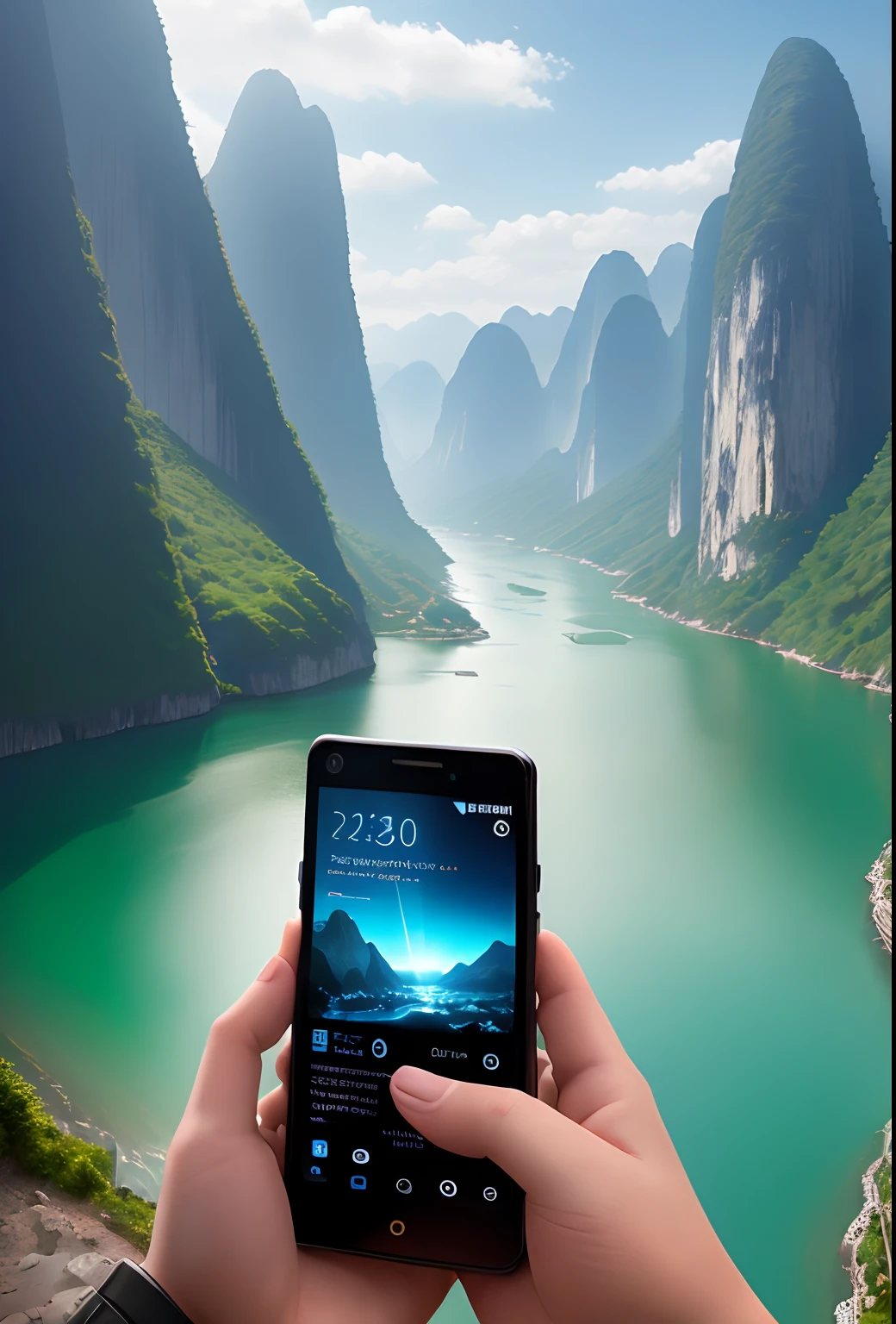 tmasterpiece,Best quality at best,high high quality,extremely detaile,8K,Futuristic ethereal close-up of a mobile phone, smartphone, Mysterious outdoor environment, Mountains and rivers meet fantasy, Futuristic phone,Around the mountains and rivers of Guilin, smartphone, Take a picture with your phone, Otherworldly technology, High-tech mobile phone,Landscape background,Futuristic cyberpunk,hyper realisitc,This image shows a black phone,The brand of the phone is Nokia,Mobile phone real shot,The phone screen background is blue, Scenery meets fantasy, phone photo, cell phone, cellular phone, Handheld, future-tech, mobile, Surreal,shutter inventory