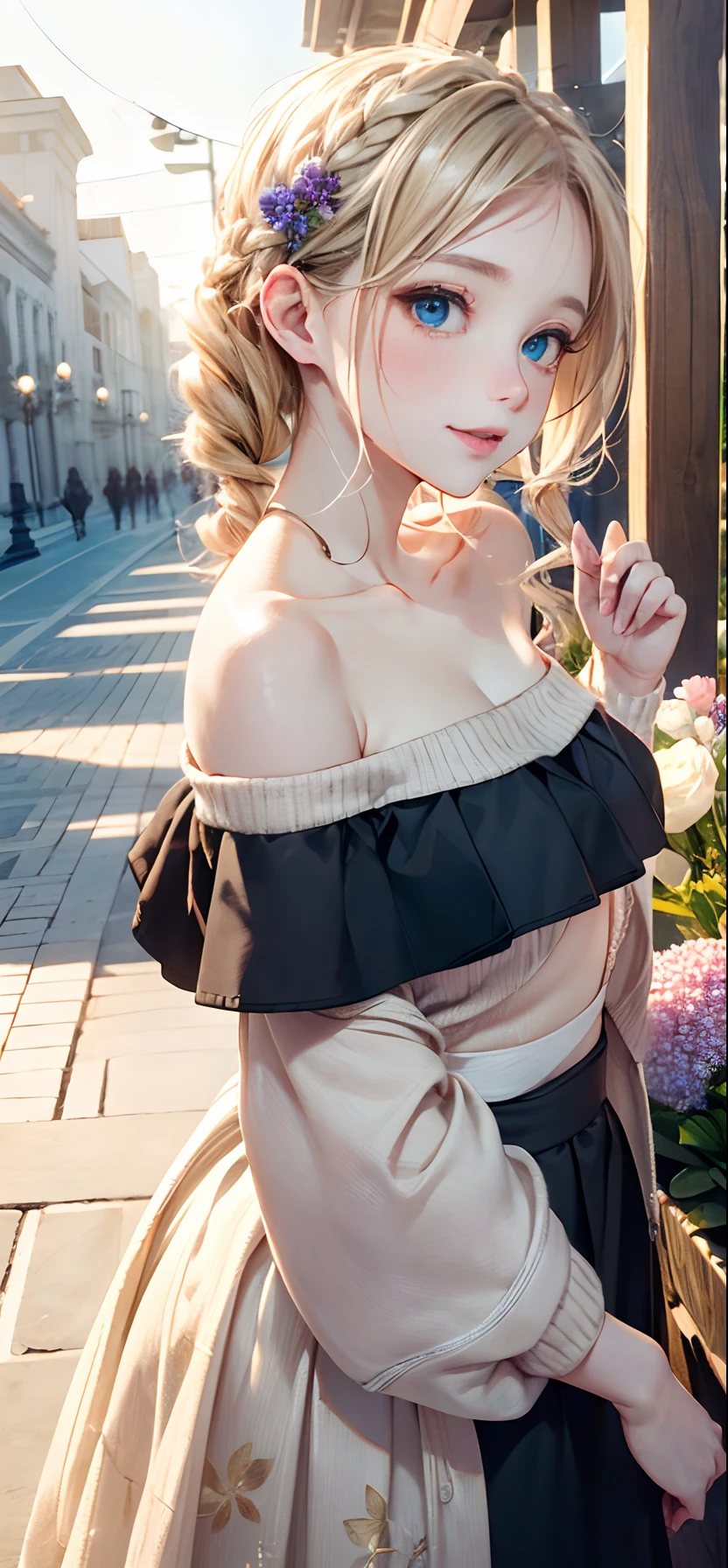 (masterpiece),(top-quality:1.2),1girl in,(masuter piece:1.3),exquisitedetails, Highest quality 8K resolution, Ultra-detailed, Realistic, Vibrant colors, Soft tones, With warm and gentle lighting,(Black Off-Shoulder Knit:1.3),(Long skirt in green,) (short twin-tailed blonde hair:1.3),(Hair parted in the middle:1.3),(Glowing hair),(Dark blue eyes:1.3),White skin, hair clips,Overflowing soft and gentle feelings,(The promenade is full of flowers:1.3),The sun's rays illuminate joy and pure love, Warm golden glow,The atmosphere is full of happiness and laughter, As if celebrating love,Sticking to ultra-detailed depictions and vivid colors. In a style that blends romanticism and realism、You can feel the depth of love,color palettes,Create an ethereal atmosphere like a dream,and the lighting is soft and diffused, Shine a gentle light on your face,The artwork is a masterpiece,