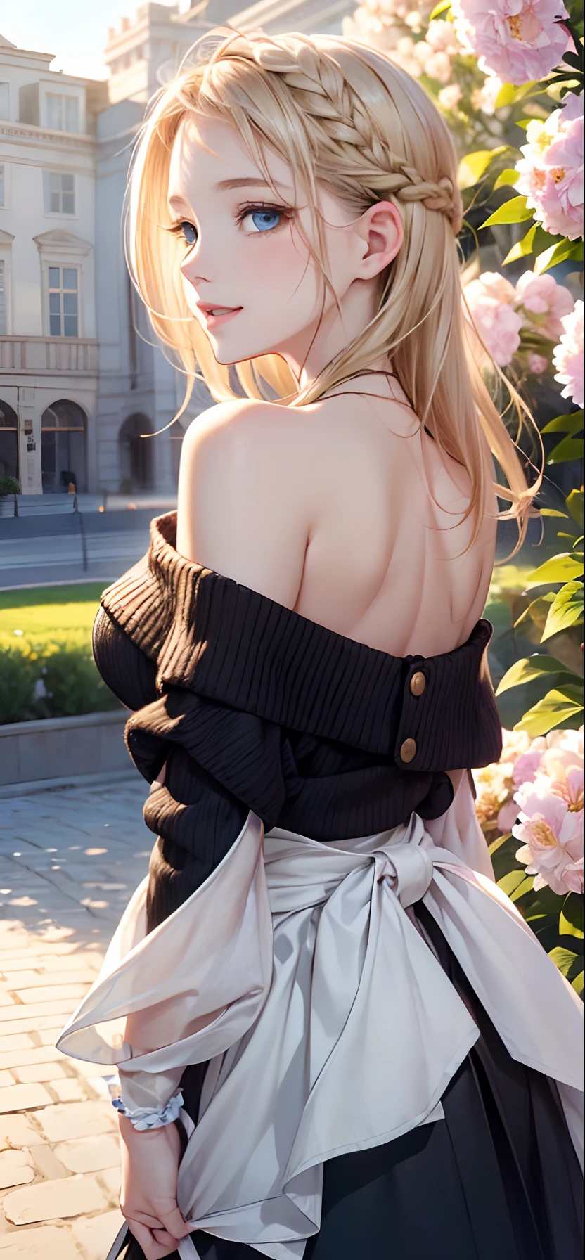 (​masterpiece),(top-quality:1.2),1girl in,(masuter piece:1.3),exquisitedetails, Highest quality 8K resolution, Ultra-detailed, Realistic, Vibrant colors, Soft tones, With warm and gentle lighting,(Black Off-Shoulder Knit:1.3),(Long skirt in green,) (short twin-tailed blonde hair:1.3),(Hair parted in the middle:1.3),(Glowing hair),(Dark blue eyes:1.3),White skin, hair clips,Overflowing soft and gentle feelings,(The promenade is full of flowers:1.3),The sun's rays illuminate joy and pure love, Warm golden glow,The atmosphere is full of happiness and laughter, As if celebrating love,Sticking to ultra-detailed depictions and vivid colors. In a style that blends romanticism and realism、You can feel the depth of love,color palettes,Create an ethereal atmosphere like a dream,and the lighting is soft and diffused, Shine a gentle light on your face,The artwork is a masterpiece,