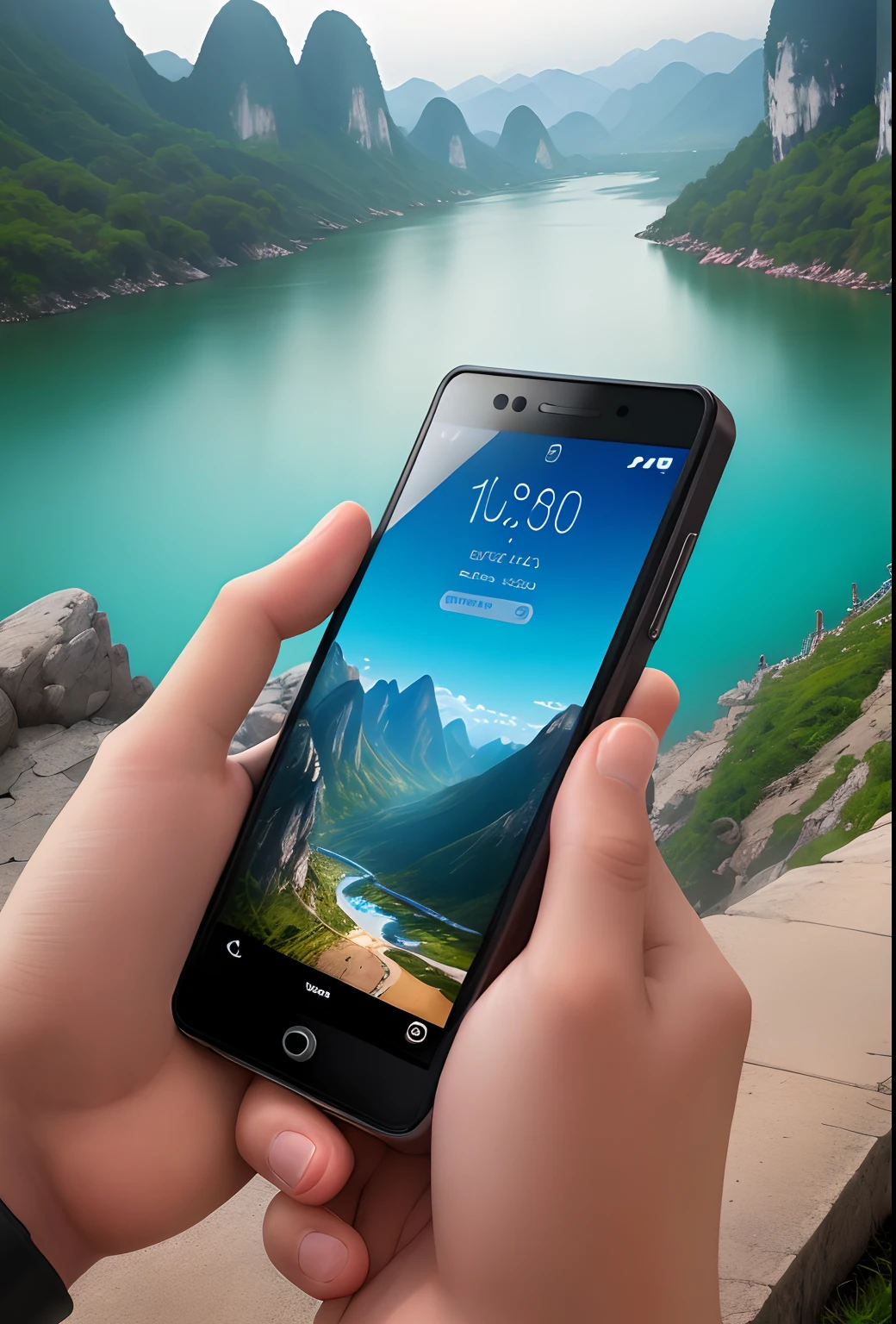 tmasterpiece，Best quality at best，high high quality，extremely detaile，8K，Futuristic ethereal close-up of a mobile phone, smartphone, Mysterious outdoor environment, Mountains and rivers meet fantasy, Futuristic phone，Around the mountains and rivers of Guilin, smartphone, Take a picture with your phone, Otherworldly technology, High-tech mobile phone，Landscape background，Futuristic cyberpunk，hyper realisitc，This image shows a black phone，The brand of the phone is Nokia，Mobile phone real shot，The phone screen background is blue, Scenery meets fantasy, phone photo, cell phone, cellular phone, Handheld, future-tech, mobile, Surreal，shutter inventory