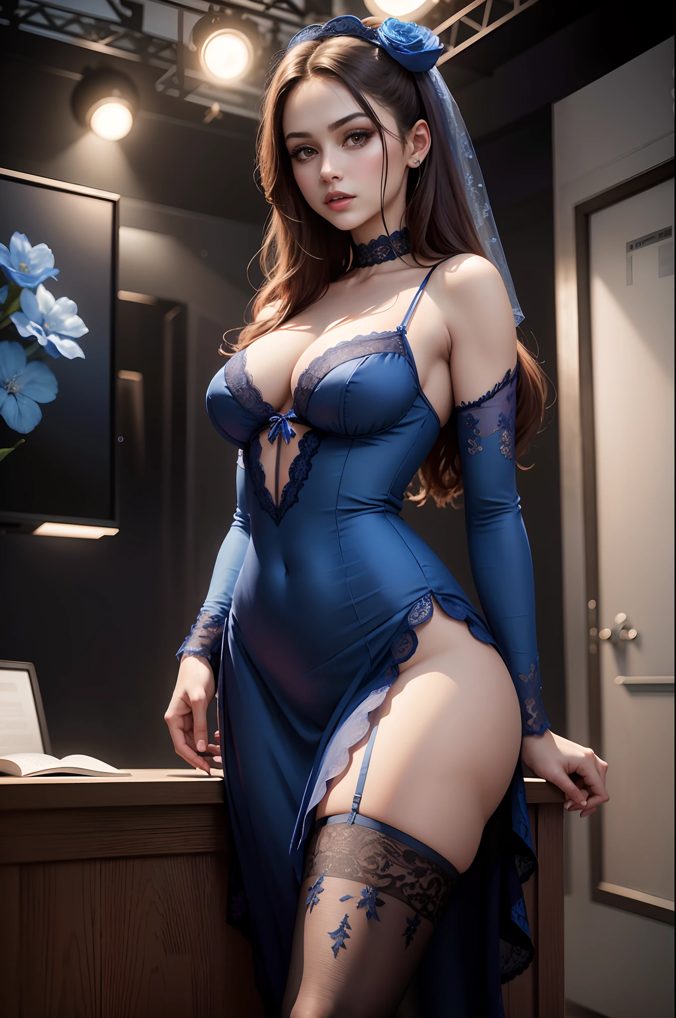 masterpiece,8k ,RAW photo, best quality,Photorealistic:1.5,whole body, full body, Portrait of a woman, face: Resembling Gina Valentina, 
(blue lace, blue lace trim, blue lace-trimmed legwear, delicate pattern, intricate detail), 
in a professional TV studio setting,