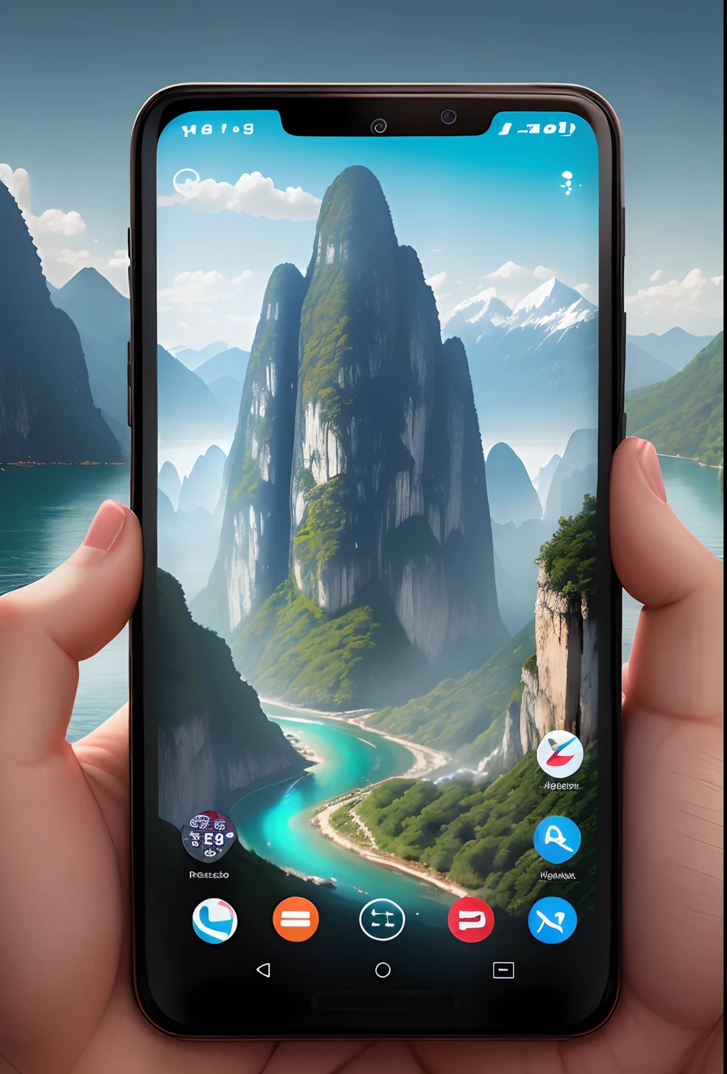 tmasterpiece,Best quality at best,high high quality,extremely detaile,8K,Futuristic ethereal close-up of a mobile phone, smartphone, Mystical outdoor environment, Mountains and rivers meet fantasy, Futuristic phone,Guilin landscape peripherals, smartphone, Take a picture with your phone, Otherworldly technology, High-tech mobile phone,Landscape background,Futuristic cyberpunk,hyper realisitc,This image shows a black phone,The brand of the phone is Nokia,Mobile phone live shooting,The phone screen background is blue, Scenery meets fantasy, phone photo, cell phone, cellular phone, Handheld, future-tech, mobile, Surreal,shutter inventory