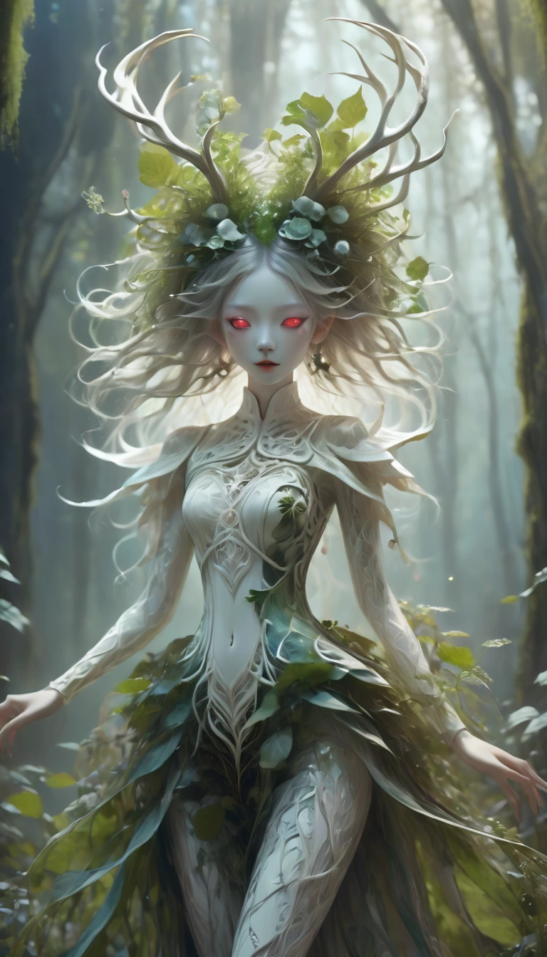 bailong plant girl,(a girl made of fresh plants),forest,plant,beautiful psychedelic psychedelic white complex detailed elaborate,cute face,long hair,8k,ultra-fine knots,antlers,