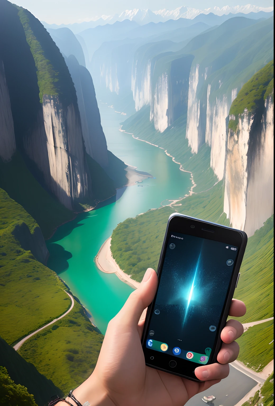 tmasterpiece,Best quality at best,high high quality,extremely detaile,8K,Futuristic ethereal close-up of a mobile phone, smartphone, Mystical outdoor environment, Mountains and rivers meet fantasy, Futuristic phone,Guilin landscape peripherals, smartphone, Take a picture with your phone, Otherworldly technology, High-tech mobile phone,Landscape background,Futuristic cyberpunk,hyper realisitc,This image shows a black phone,The brand of the phone is Nokia,Mobile phone live shooting,The phone screen background is blue, Scenery meets fantasy, phone photo, cell phone, cellular phone, Handheld, future-tech, mobile, Surreal,shutter inventory