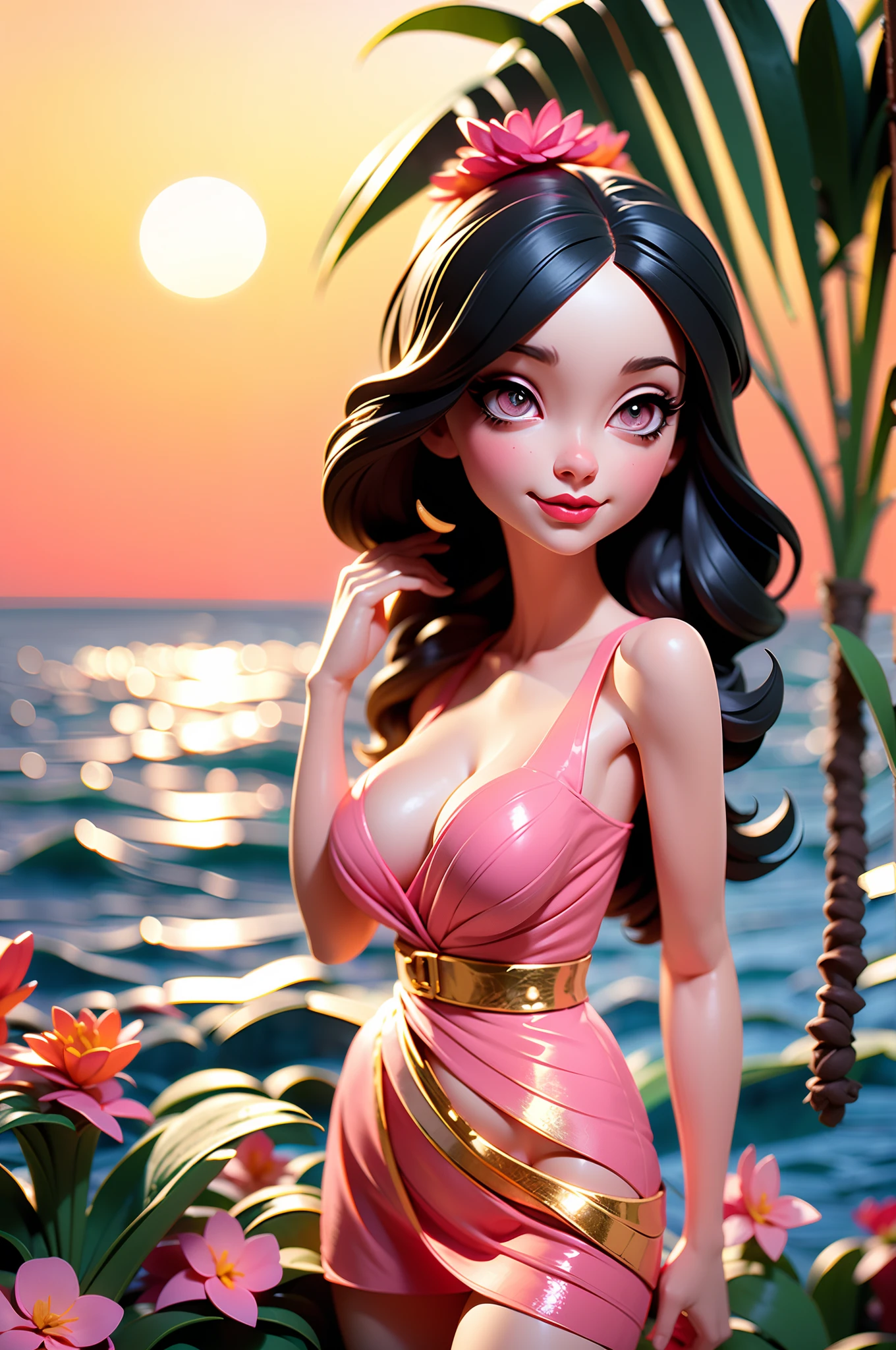 there is a woman standing ocean background, sheer pink see-through dress (breast), full body, long legs, kiss lips, 1 closed eye, full round pupils, portrait, soft portrait shot 8k, tropical flowers in front of woman, beautiful young face, detailed face of a asian girl, Canon EOS-1D X Mark III f/2.8, golden hour