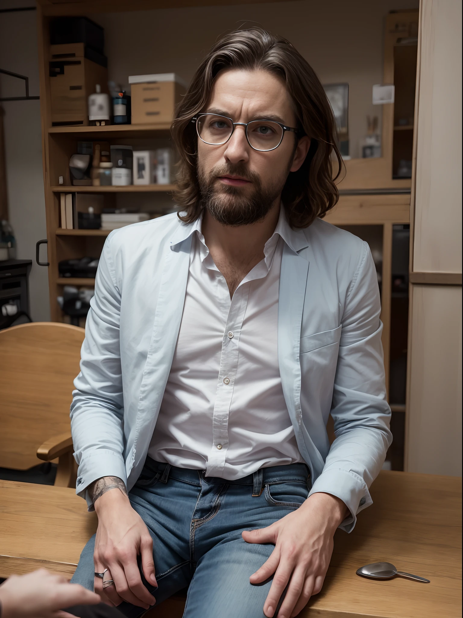 "(meilleur qualité,Haute résolution:1.2),Mature homme déshydraté ((brimades)) ,Rides,Coupe de cheveux Bob,(Jupe jeans:1.05),chemisier en dentelle,(Bas de dentelle avec jarretières), Debout, ( noyade dans un marécage:1.2),Expression du désespoir,Éclairage sombre et morose, Terreur. La pose exprime une sombre extase", À la recherche de la saturation de son fétiche