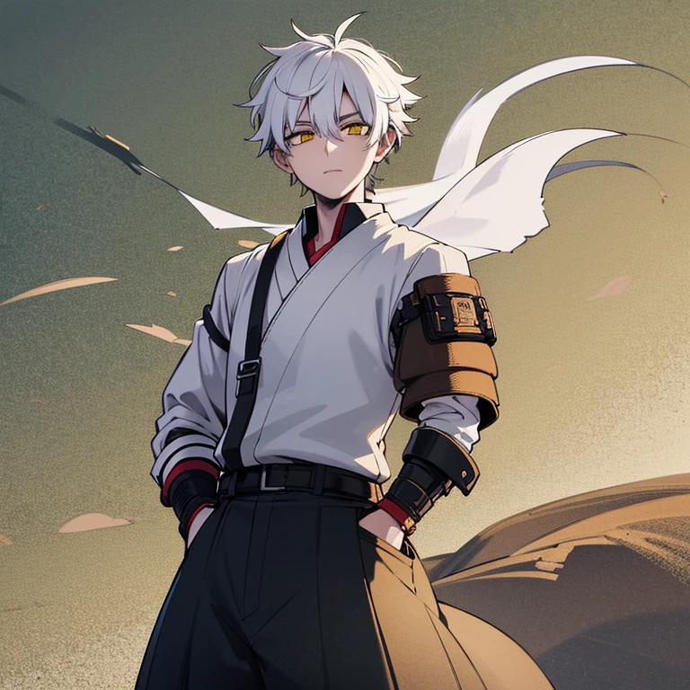 1 man, white hair with black highlights, medieval lace up shirt, hakama pants, white but yellowish skin, yellow eyes, wind, wrist brace, hands in pocket.