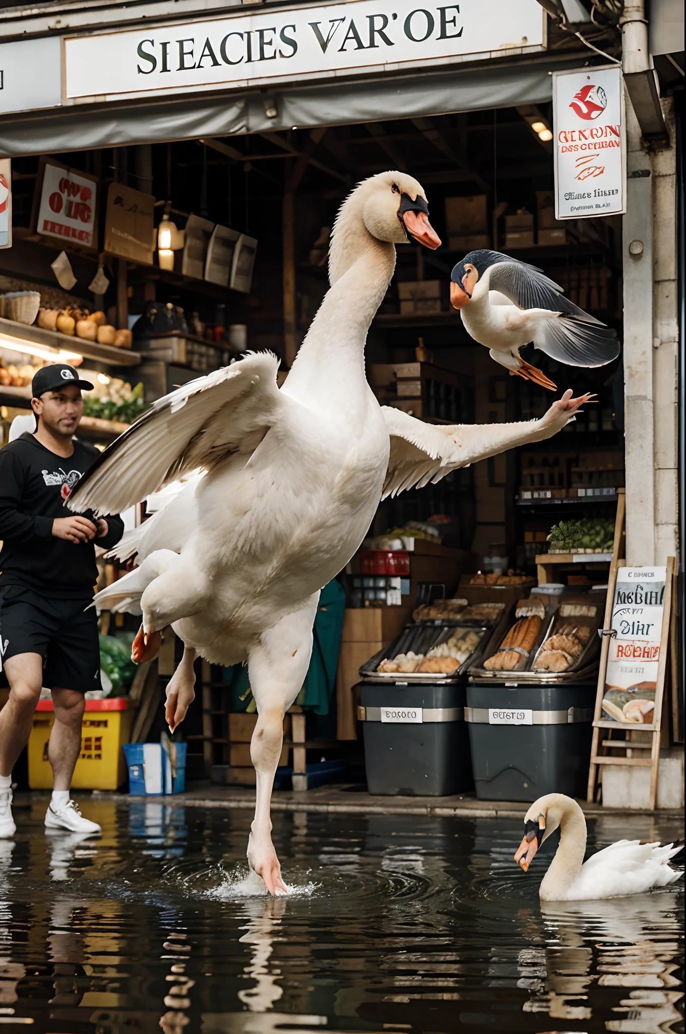 A swan was running his life for stealing fish, a swan holding fish carry, in the market, people running to catch in background, ground level camera view