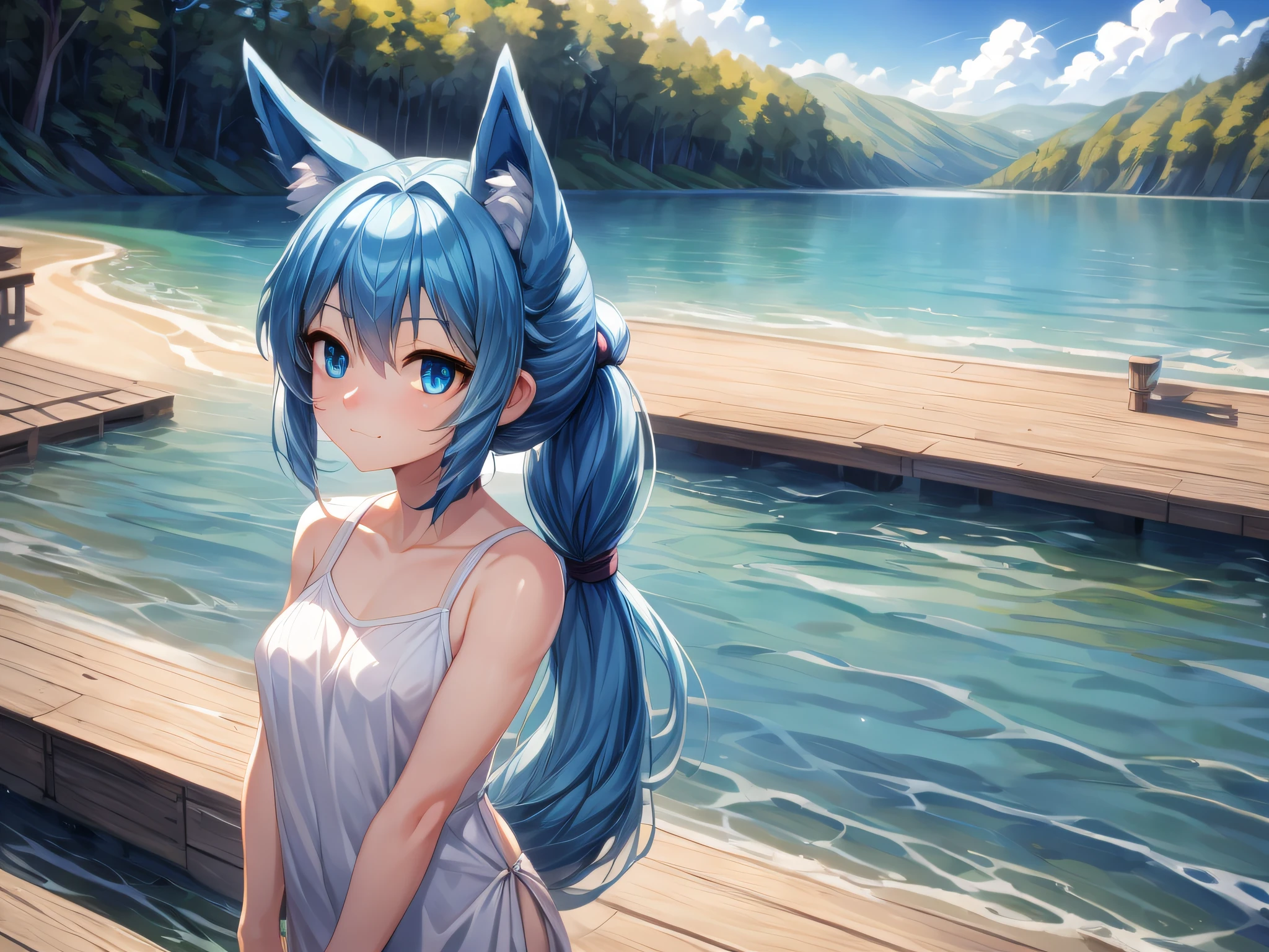 silver long hair, anime long hair, hot springs, outside, a cat with green eyes and small feathered wings, but as an anthropomorphic blue dragon, white horns, blue fur, young male anthro dragon, feminine body, furry anime, realistic anime cat, but bragon, very cute face, blushing, by dagasi, yupa, kiyosan, playful, young, detailed background, detailed fanart, pixiv, digital painting, masterpiece, high quality, highres