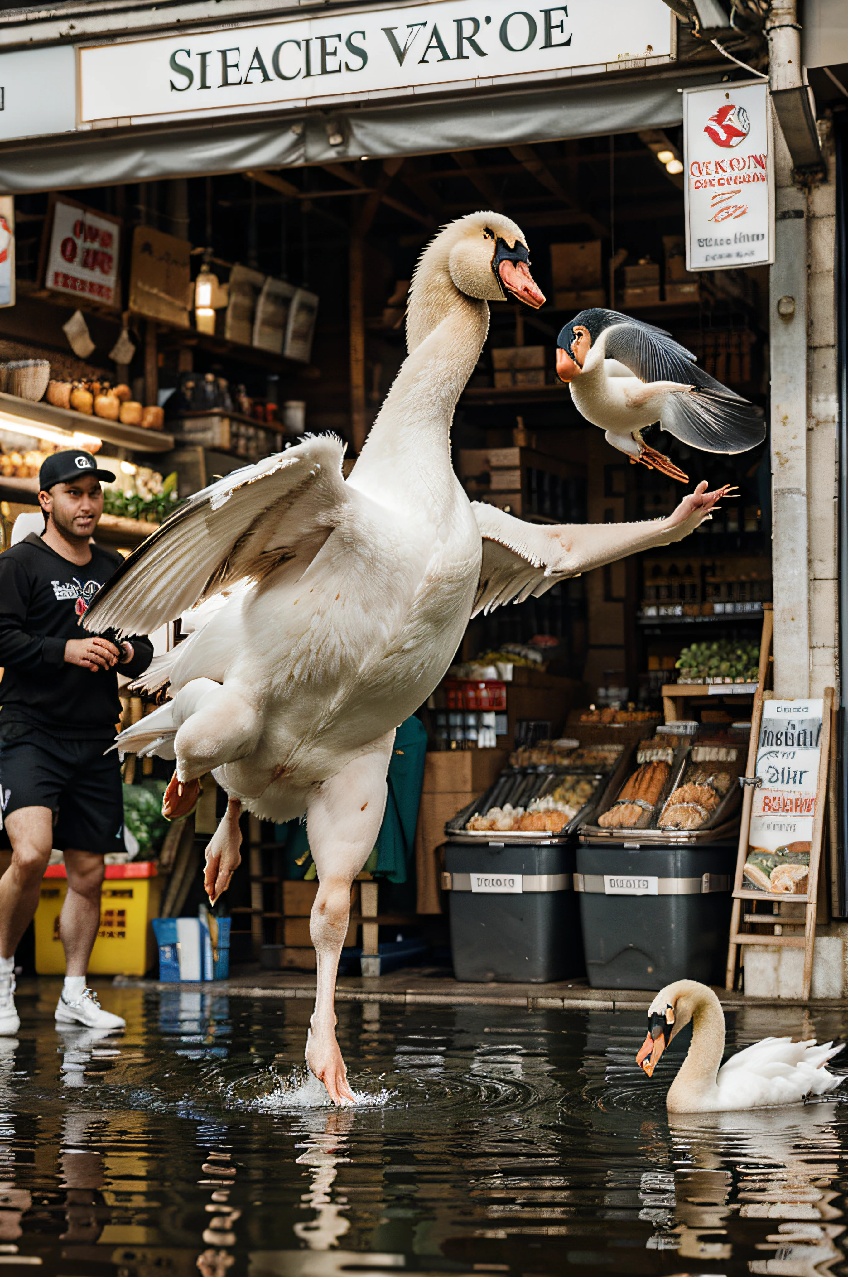 a white goose with an orange beak and a crown on its head tramples a man'head with paw, against the backdrop of a bloody battle between people and geese with swords and various weapons, many people and geese in the background in a fight