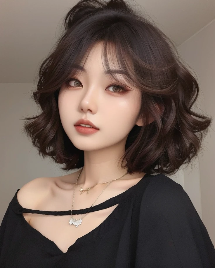 Araffed woman with a black top and a necklace around her neck, com cabelos curtos, menina coreana, Cabelos curtos ondulados, com cabelo curto com franja, com o mesmo penteado, linda mulher coreana jovem, cabelos curtos ondulados, curly middle part haircut, cabelos ondulados e curtos, cabelos ondulados na altura dos ombros, Ulzzang, Mulher sul-coreana bonita, branco hime corte penteado