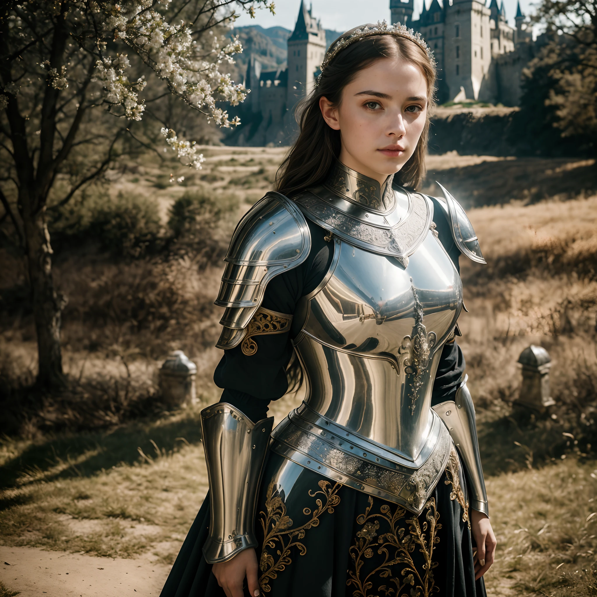 (masterpiece), (extremely intricate:1.3), (realistic), portrait of a girl, the most beautiful in the world, (medieval armor), metal reflections, upper body, outdoors, intense sunlight, far away castle, professional photograph of a stunning woman detailed, sharp focus, dramatic, award winning, cinematic lighting, octane render, unreal engine, volumetrics dtx, (film grain)