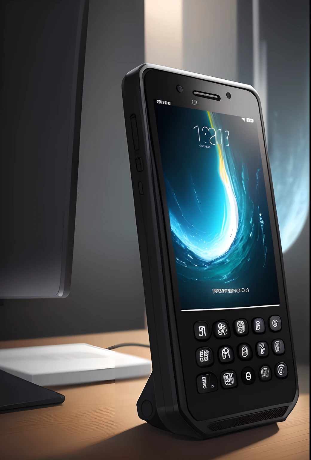 tmasterpiece，Best quality at best，high high quality，extremely detaile，8K，Futuristic ethereal close-up of a mobile phone, smartphone, A mystical environment, Technology meets fantasy, Futuristic phone，AI peripherals, smartphone, Sit at the technical booth, Otherworldly technology, High-tech mobile phone，Futuristic technical background，Futuristic cyberpunk，hyper realisitc，This image shows a black phone，The brand of the phone is Nokia，The screen time on the phone is 6:08，The phone screen background is blue, Technology meets fantasy, phone photo, cell phone, cloud storage, 3840 x 2160, 3840 x 2160, cellular phone, Handheld, future-tech, mobile, Surreal，shutter inventory