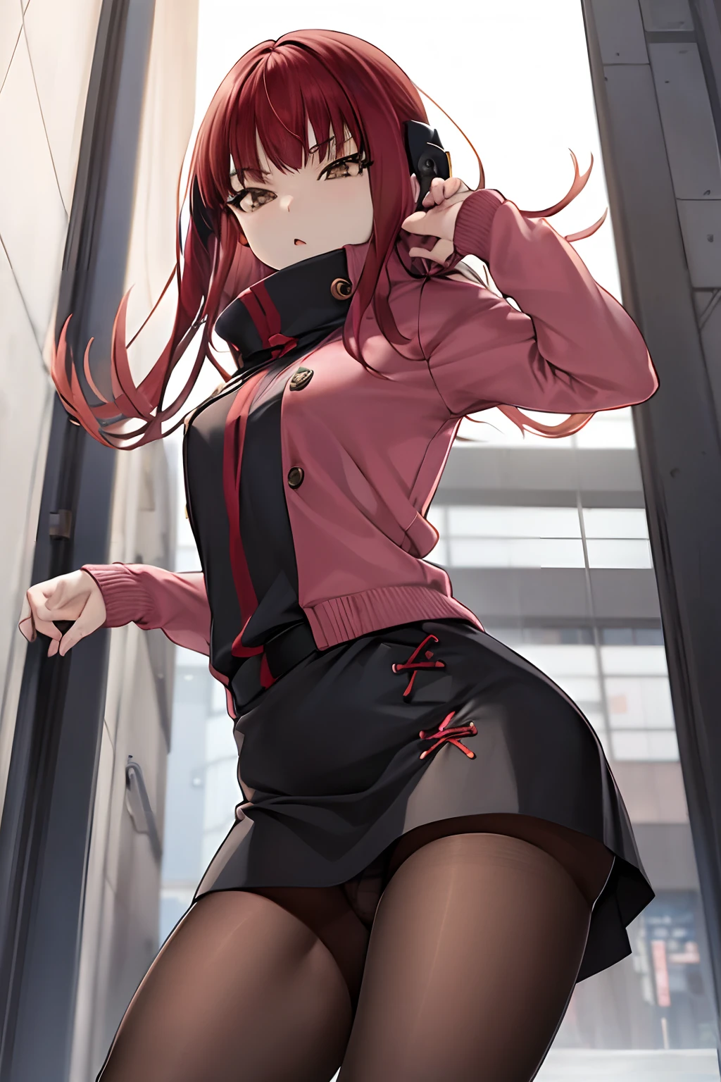 masutepiece, Best Quality, absurderes, Perfect Anatomy, 1girl in, Solo, Yoko Katori, Long hair, Knitted Outerwear、((a miniskirt)), ((pantyhose))、((long boots))、((Photo from below))、((Show panties))、((Pose to step on the viewer))