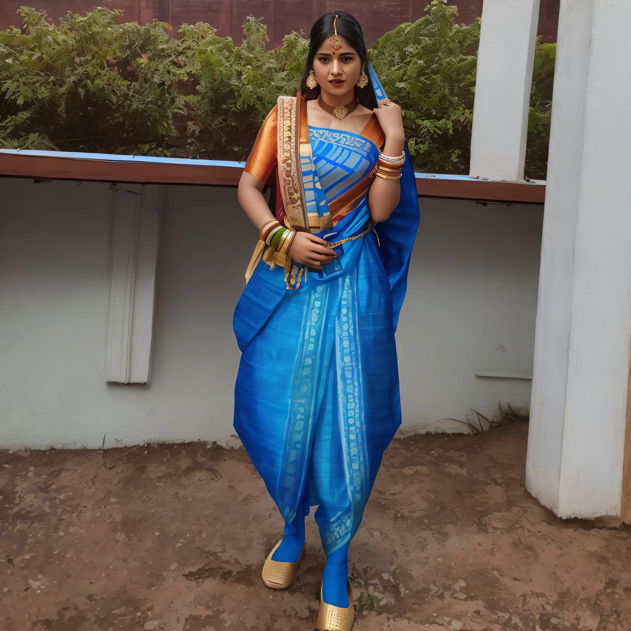 there is a woman standing on a roof with a blue sari, wearing an elegant tribal outfit, dressed in a sari, wearing a sari, blue colored traditional wear, wearing sari, wearing a steampunk sari, wearing bihu dress mekhela sador, wearing traditional garb, traditional clothes, assamese aesthetic, traditional dress, traditional clothing, indian style